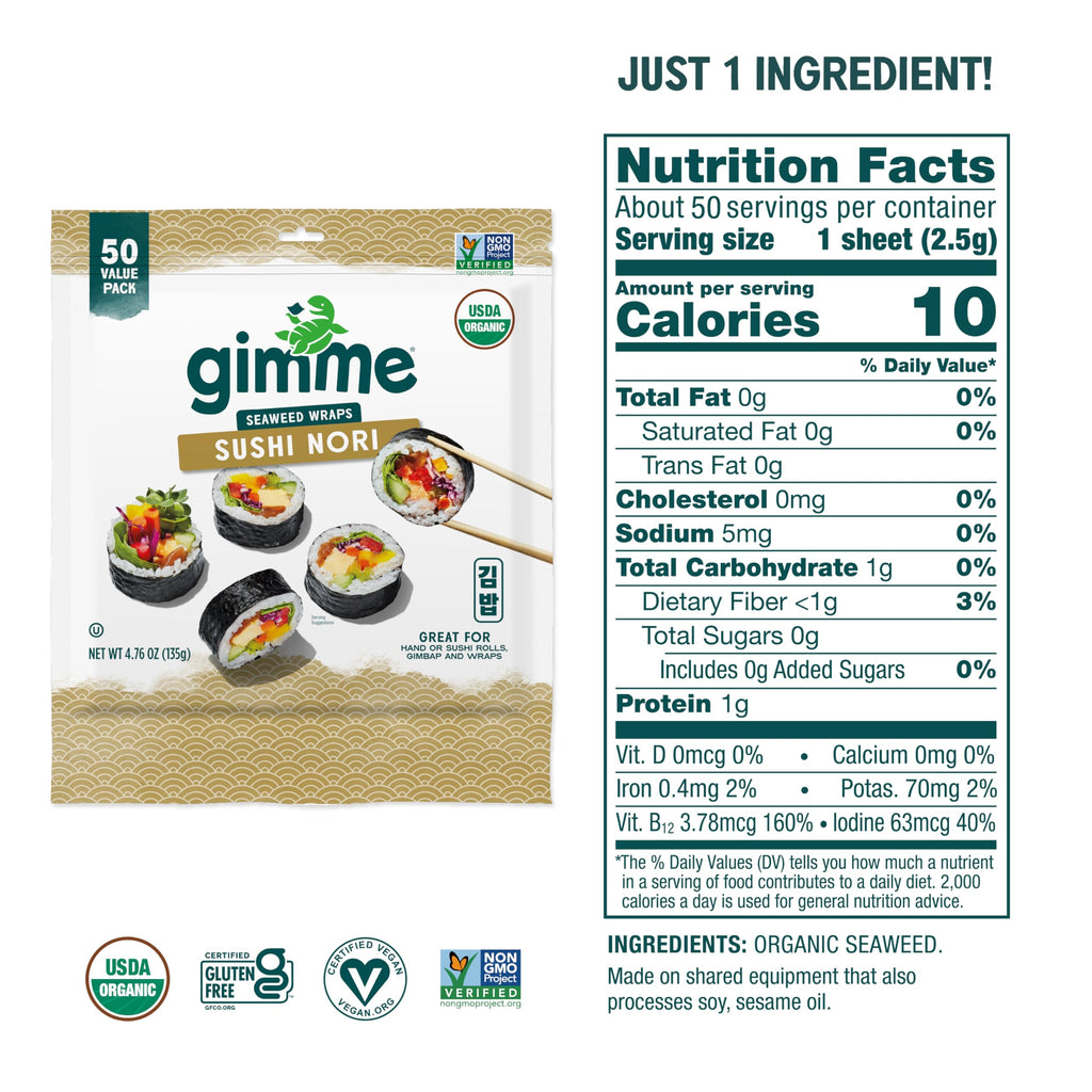 Gimme Seaweed Sushi Nori Premium Organic Roasted Seaweed Sheets, Keto, Vegan, Gluten-Free, Restaurant-style Sushi Nori Sheets 0.81 Ounce (Pack of 1)