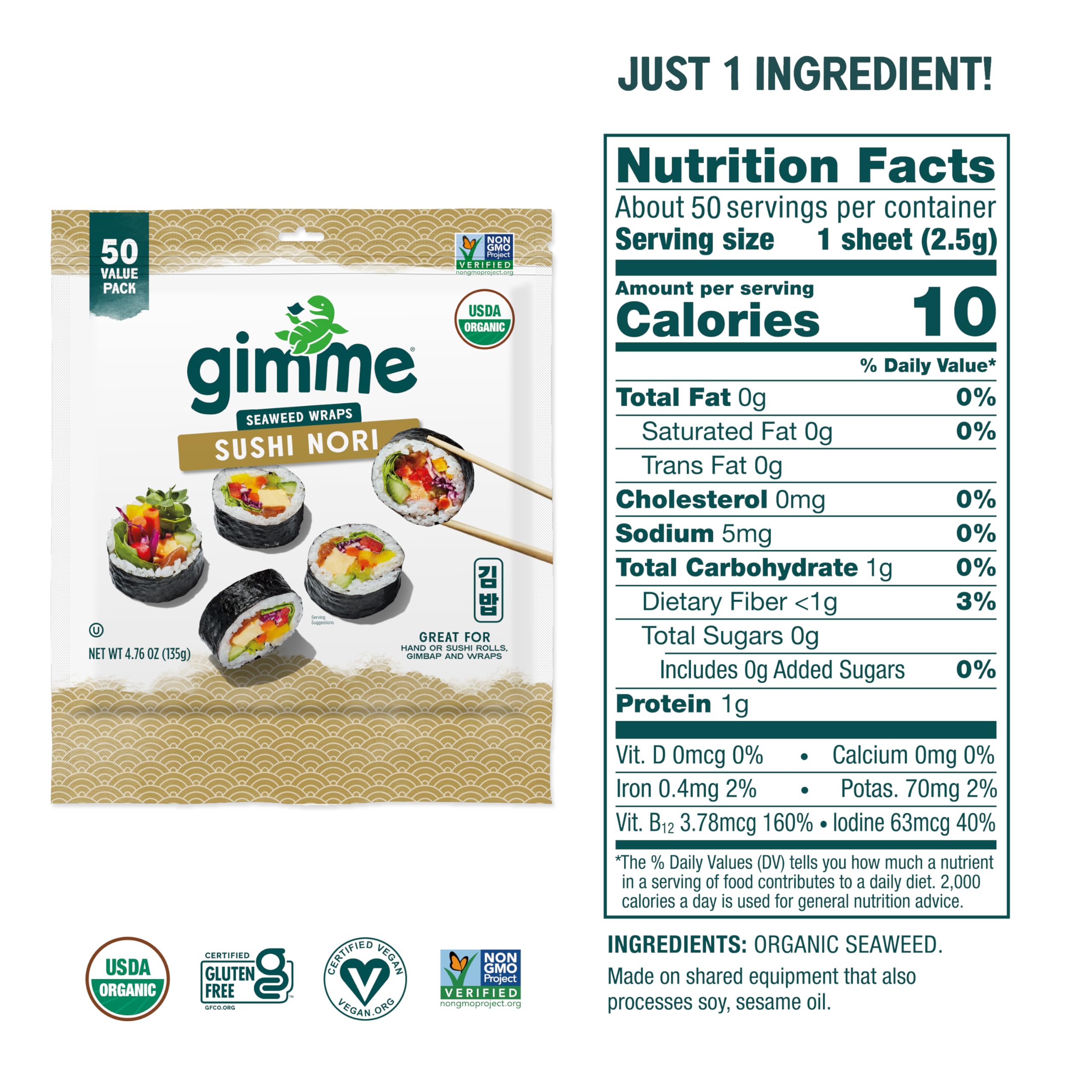 Gimme Seaweed Sushi Nori Premium Organic Roasted Seaweed Sheets, Keto, Vegan, Gluten-Free, Restaurant-style Sushi Nori Sheets 0.81 Ounce (Pack of 1)