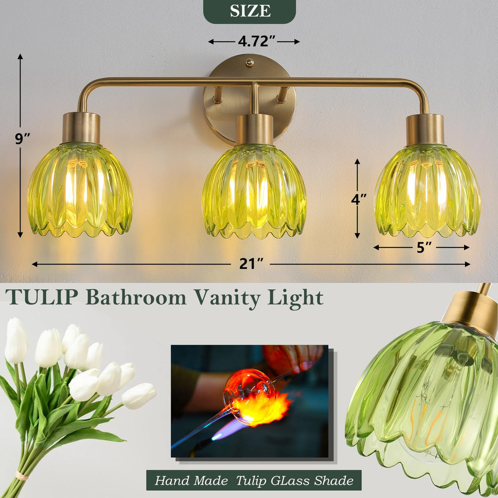 1-Light Gold Brass Bathroom Light Fixture,Wall Sconces set of 2,Brushed Gold Vanlity Light Over Mirror,Bathroom Vanity Light with White Tulip Glass Flower Shade,E26 Socket(Bulbs Not Included)