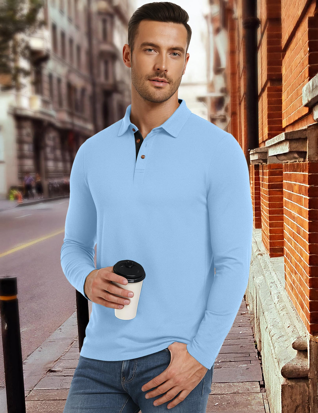 PEGENO Mens Polo Short/Long Sleeve Shirt Classic Button Basic Solid Color Designed Collared Polo Shirt Fashion Casual Shirts