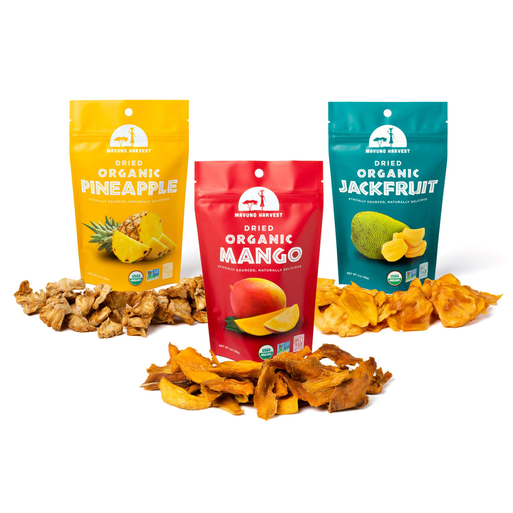 Mavuno Harvest Organic Dried Fruit Variety Pack | Dried Mango, Papaya, Pineapple, Banana, Jackfruit, & Tropical Mix | Healthy, Vegan, No Sugar Added, Non GMO Snacks for Kids & Adults | 2 Ounce, 6 Pack
