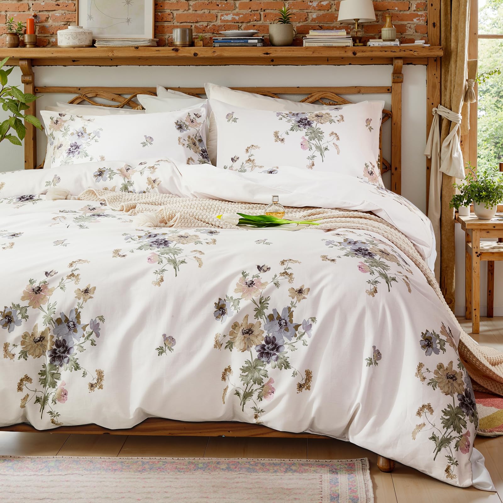 100% Natural Cotton Comforter Set Queen 3 Pcs Grayish Blue Bedding Sets with Luxurious Damask Pattern, Reversible Breathable Soft Comforter Sets for All Season