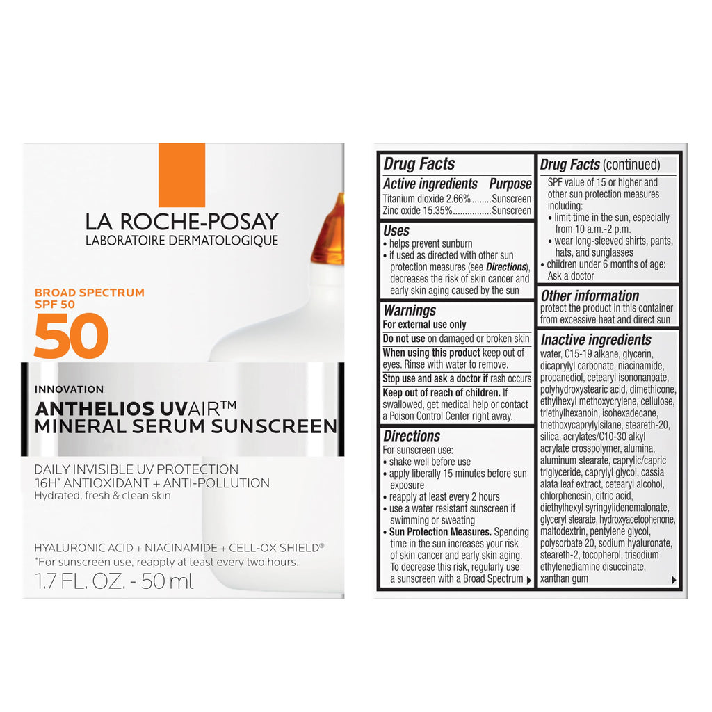 La Roche-Posay Anthelios UVAir Sunscreen Serum SPF 50 for Sensitive Skin, with Niacinamide, Hyaluronic Acid & Antioxidants, Hydrating Lightweight Sunscreen for Face, Fast-Absorbing, 1.7oz