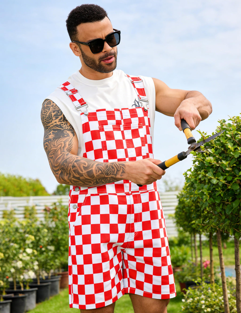 Odefou Checkered Bib Overalls for Men Jumpsuit Shorts Work Coveralls