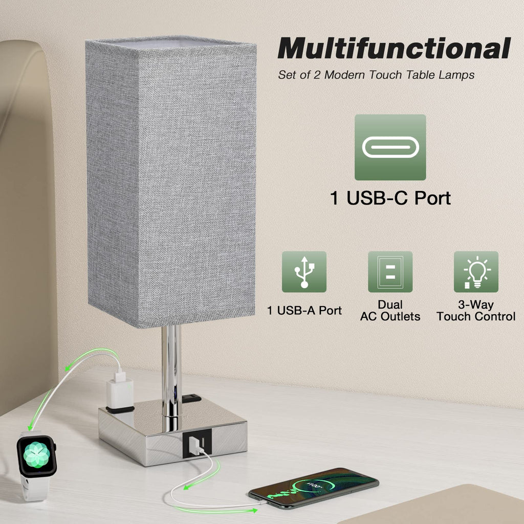 aooshine Set of 2 Touch Nightstand Lamp with USB-C+A Charge Ports& AC Outlets, 3-Way Dimmable Bedside Lamp with White Fabric Shade,Small Table Lamp for Bedroom Guest Room(Bulb Included)