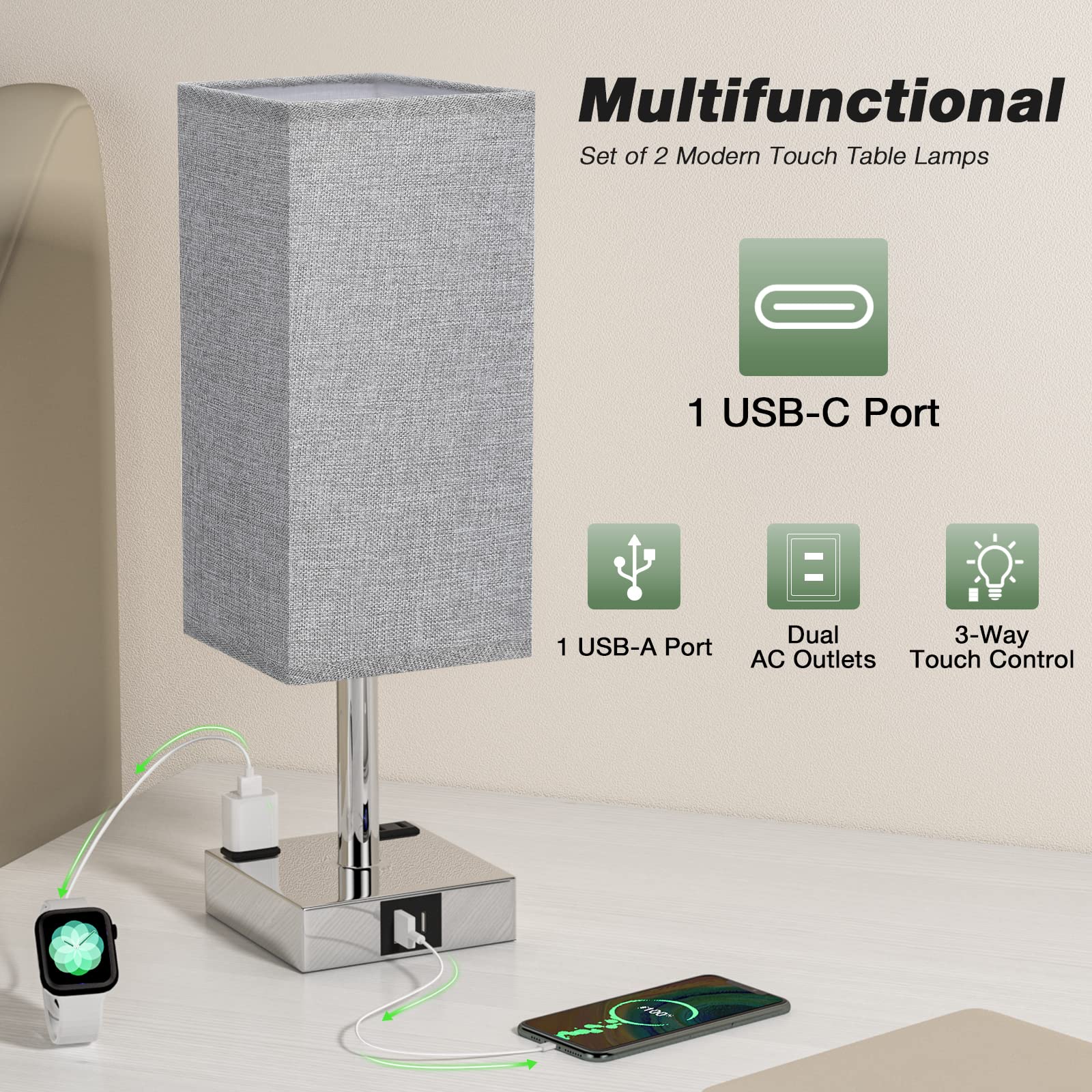 aooshine Set of 2 Touch Nightstand Lamp with USB-C+A Charge Ports& AC Outlets, 3-Way Dimmable Bedside Lamp with White Fabric Shade,Small Table Lamp for Bedroom Guest Room(Bulb Included)