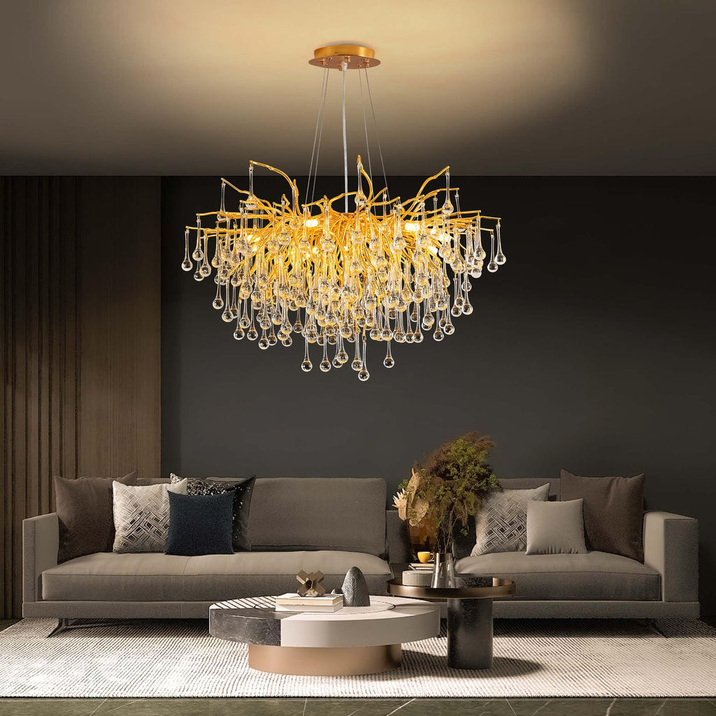 Modern Crystal Raindrop Chandelier, L40'' Black Linear Rectangle Art Deco Tree Branch Lighting Fixture for Kitchen Island Living Room Foyer Staircase 10 Lights