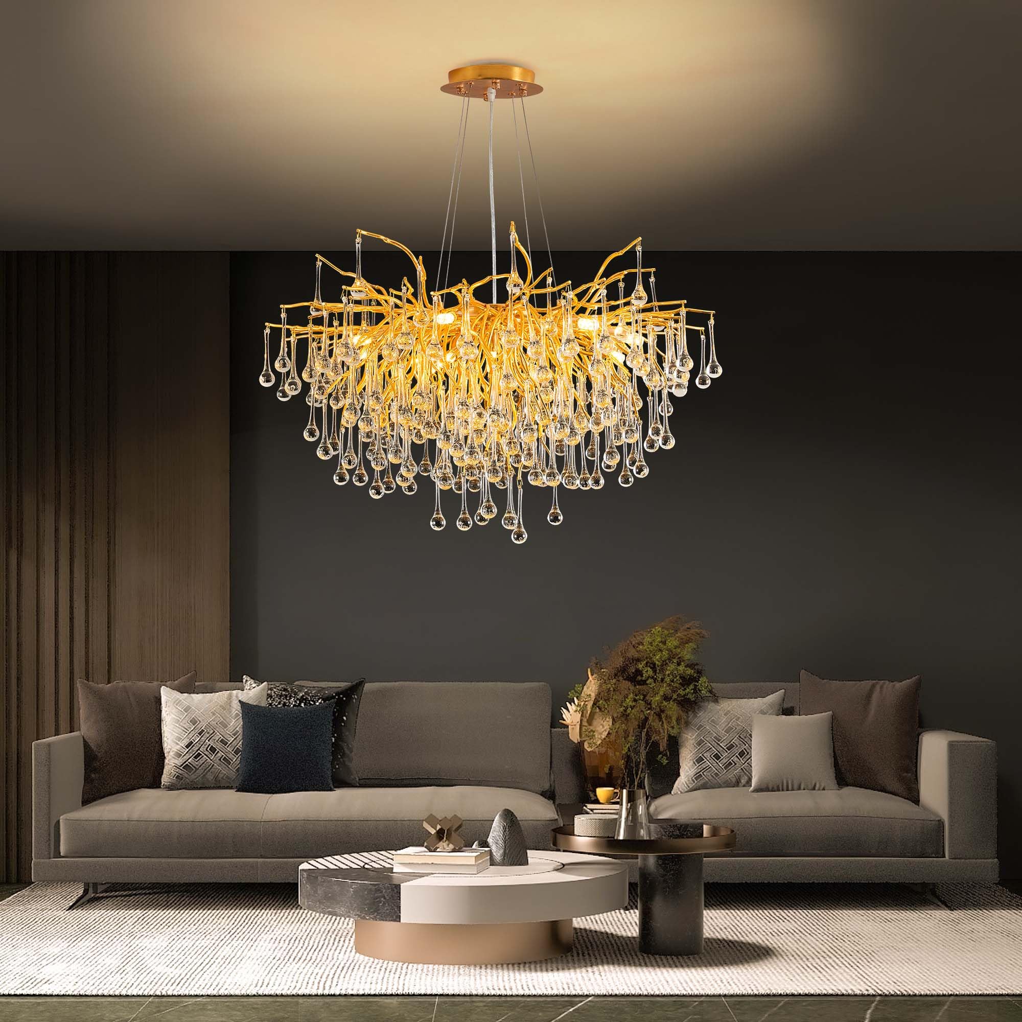 Modern Crystal Raindrop Chandelier, L40'' Black Linear Rectangle Art Deco Tree Branch Lighting Fixture for Kitchen Island Living Room Foyer Staircase 10 Lights