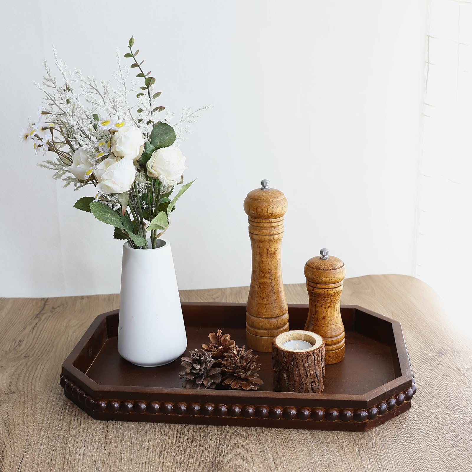 Hrastany Wood Rustic Serving Tray with Beads, Farmhouse Black Decorative Tray for Table Centerpiece, Christmas Wedding Halloween Home Decor