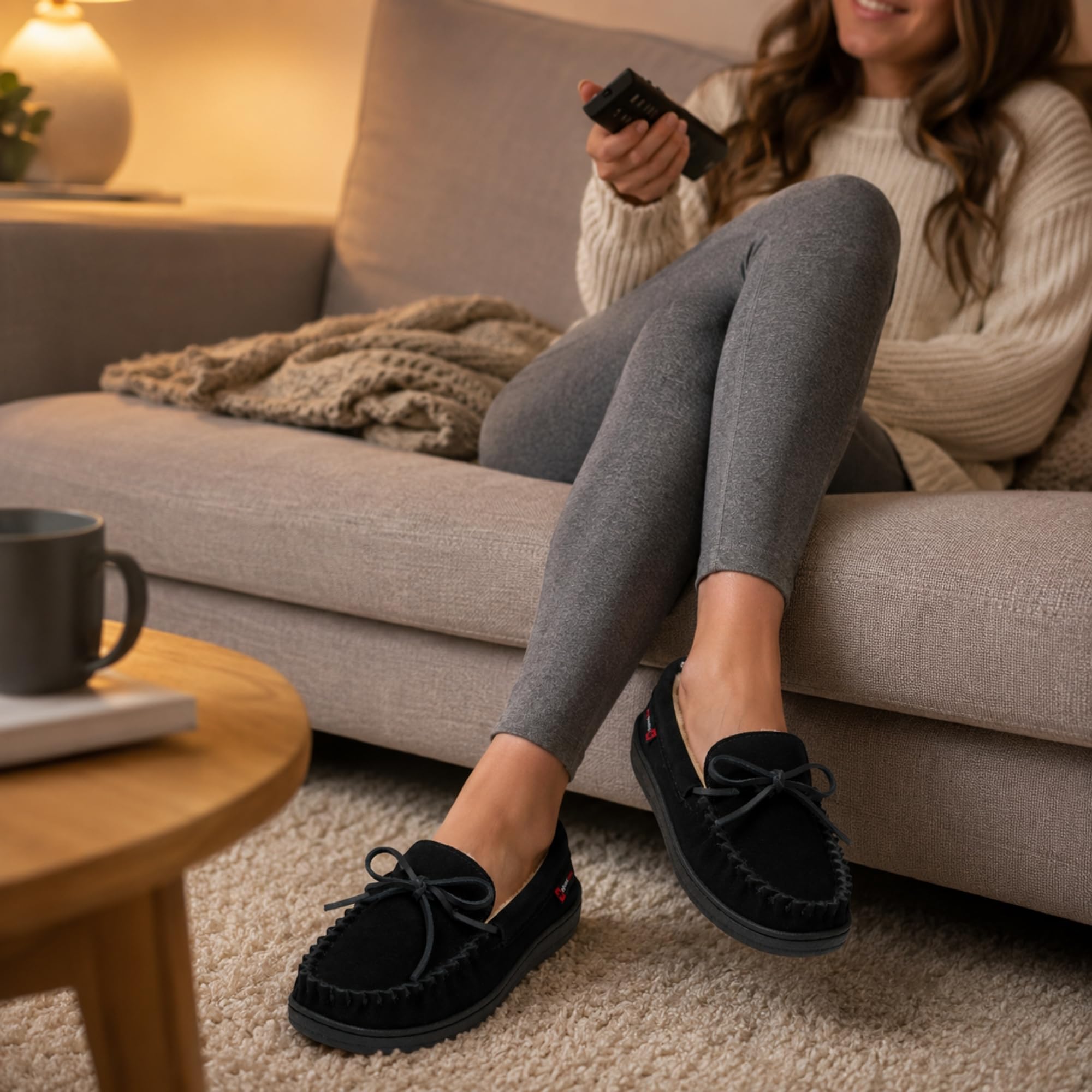Alpine Swiss Sabine Womens Moccasin Slippers Genuine Suede House Shoe Memory Foam Insole Plush Faux Shearling Fur Indoor Outdoor Anti-Slip Rubber Sole