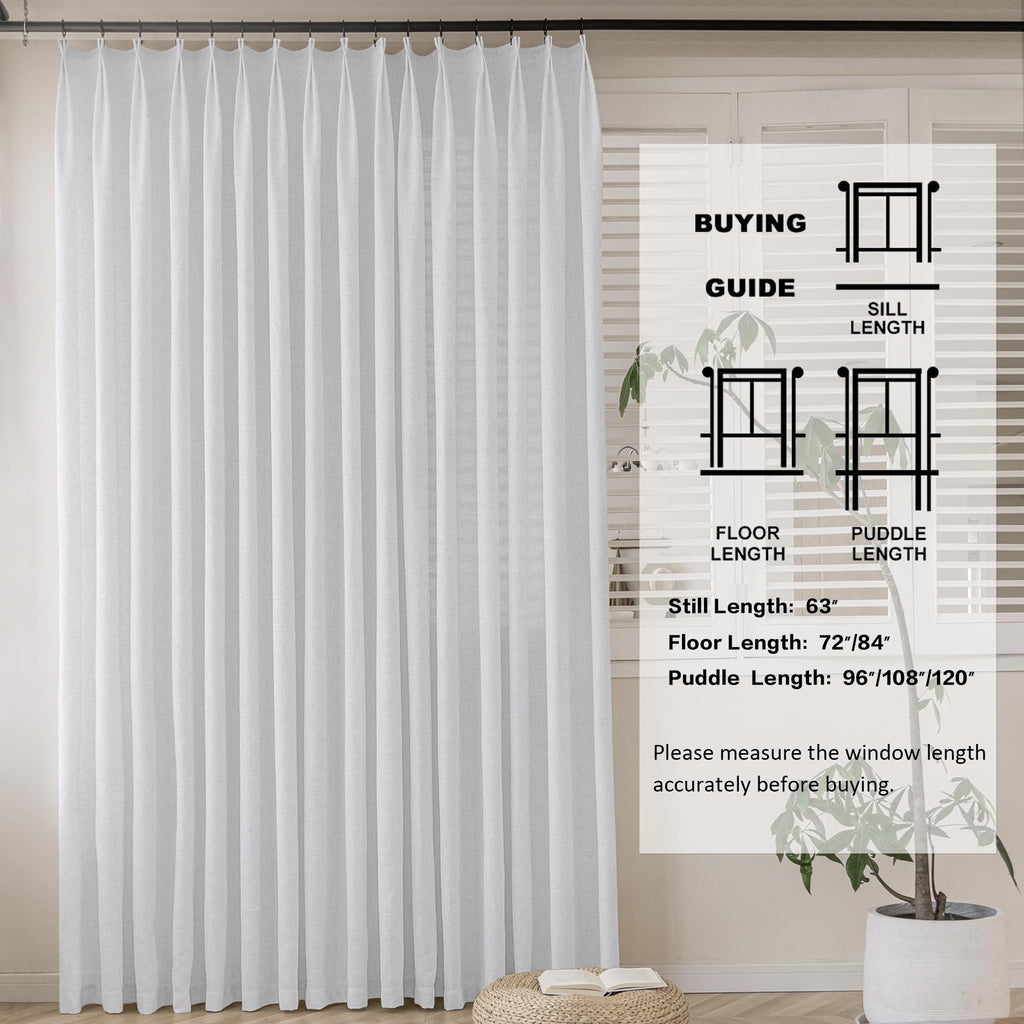 MAIHER Linen Textured Pleated Curtains 63 Inches Long for Living Room, Light Filtering Pinch Pleat Semi Sheer Drapes Curtains with Tieback and Hooks, Natural Linen (1 Panel, 54" W x 63" L)