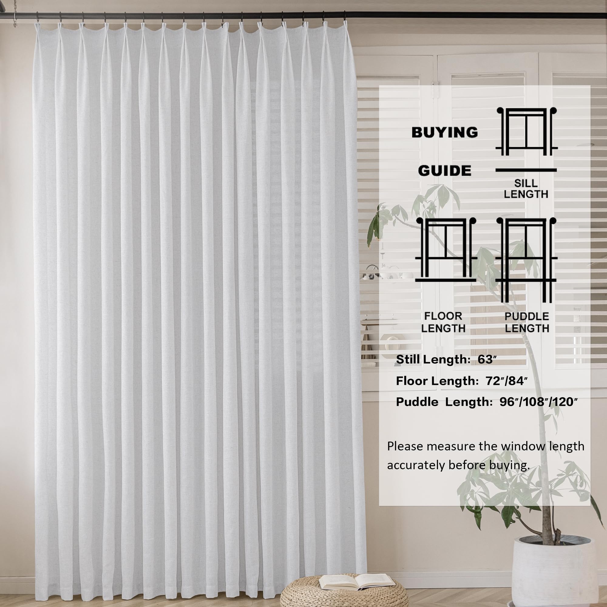 MAIHER Linen Textured Pleated Curtains 63 Inches Long for Living Room, Light Filtering Pinch Pleat Semi Sheer Drapes Curtains with Tieback and Hooks, Natural Linen (1 Panel, 54" W x 63" L)