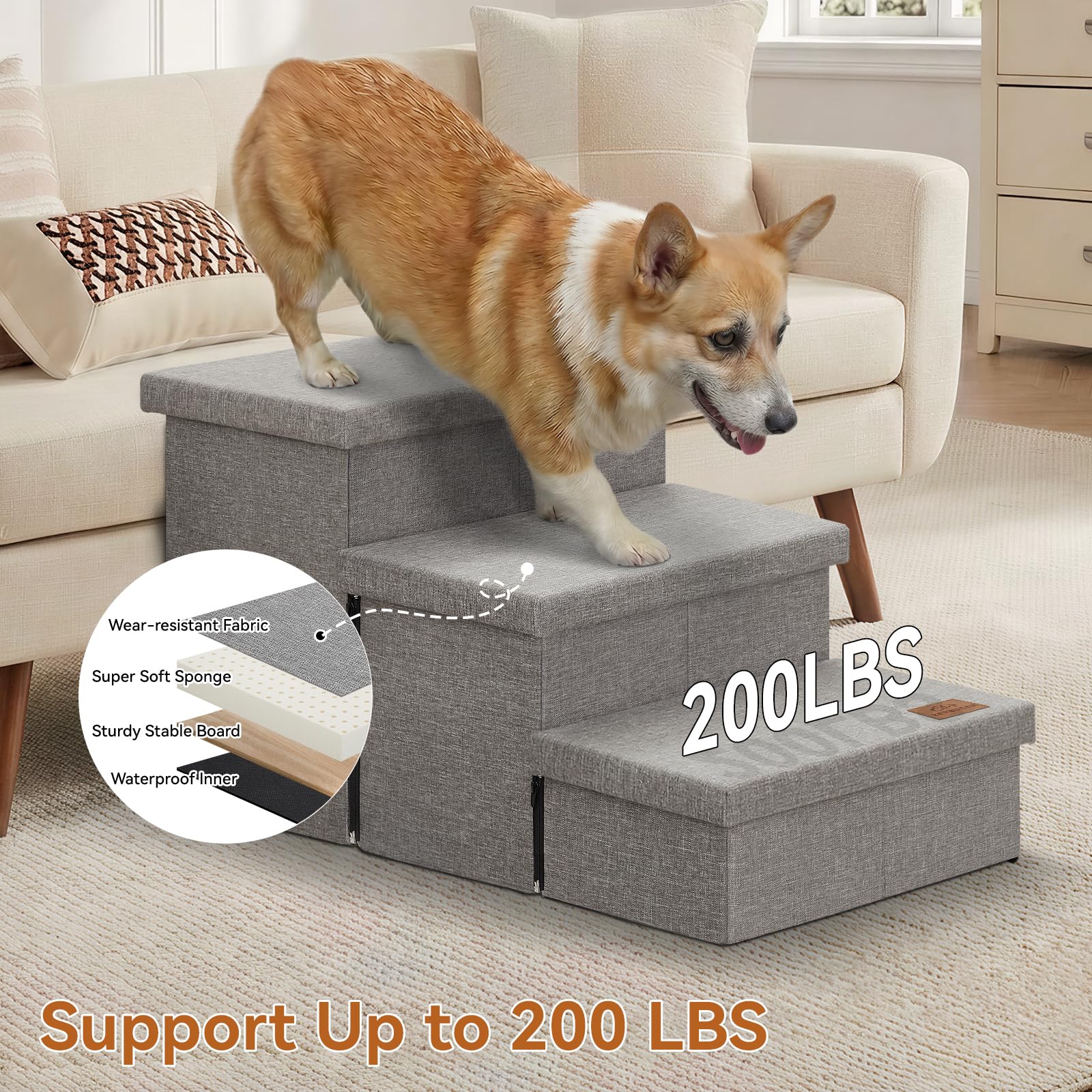Zerbuger Dog Stairs with Condo 15" H, 2-Step Wider Dog Steps for Small/Medium/Large Old Dogs Cats, Folding Sturdy Storage Pet Stairs Climbing Bed Couch, Ramp for Car Hold Up to 150 lbs, Beige