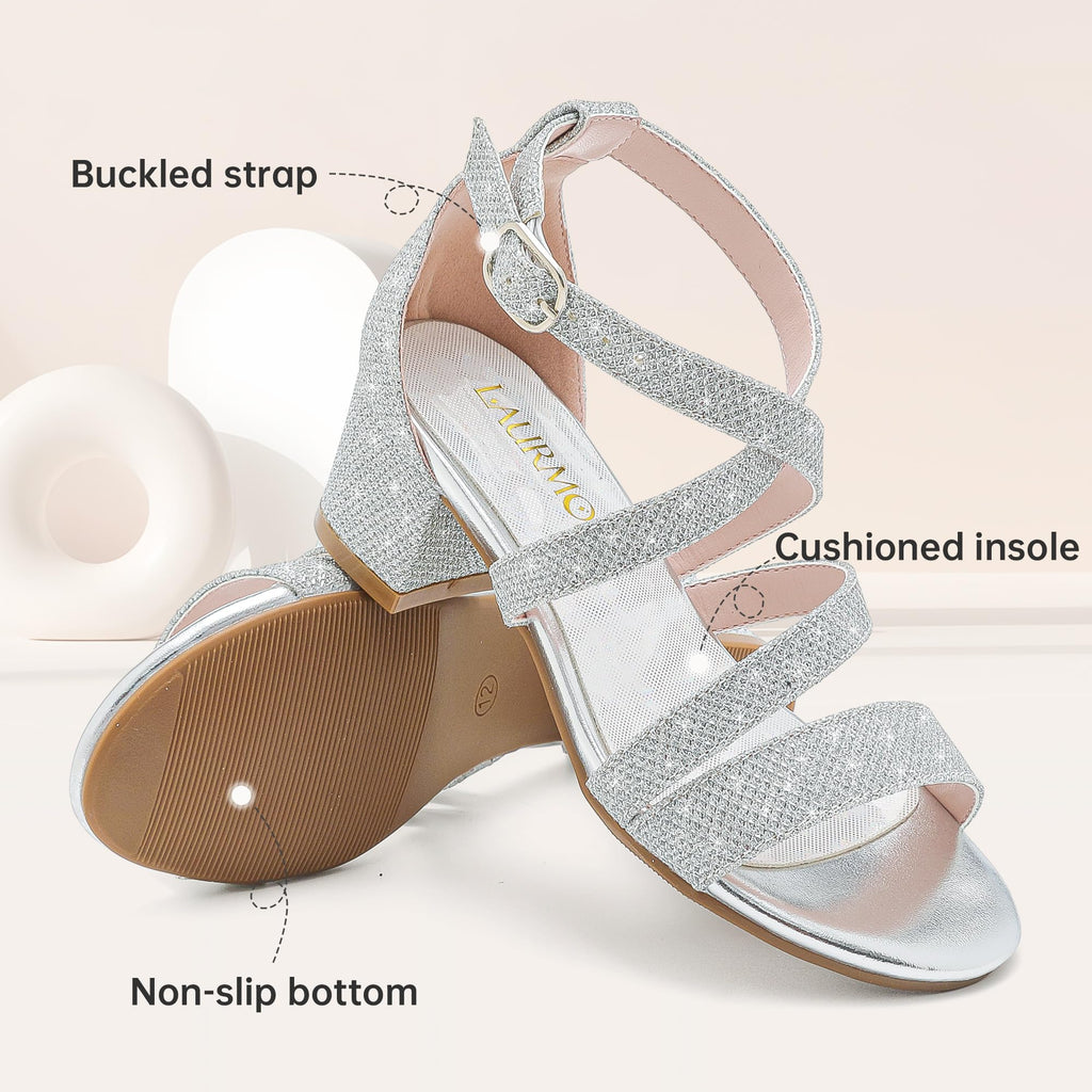 LAURMOSA Girls Sandals Chunky High Heel Strappy Open Toe Ankle Strap Dress Shoes for Little Big Kids in Wedding Party