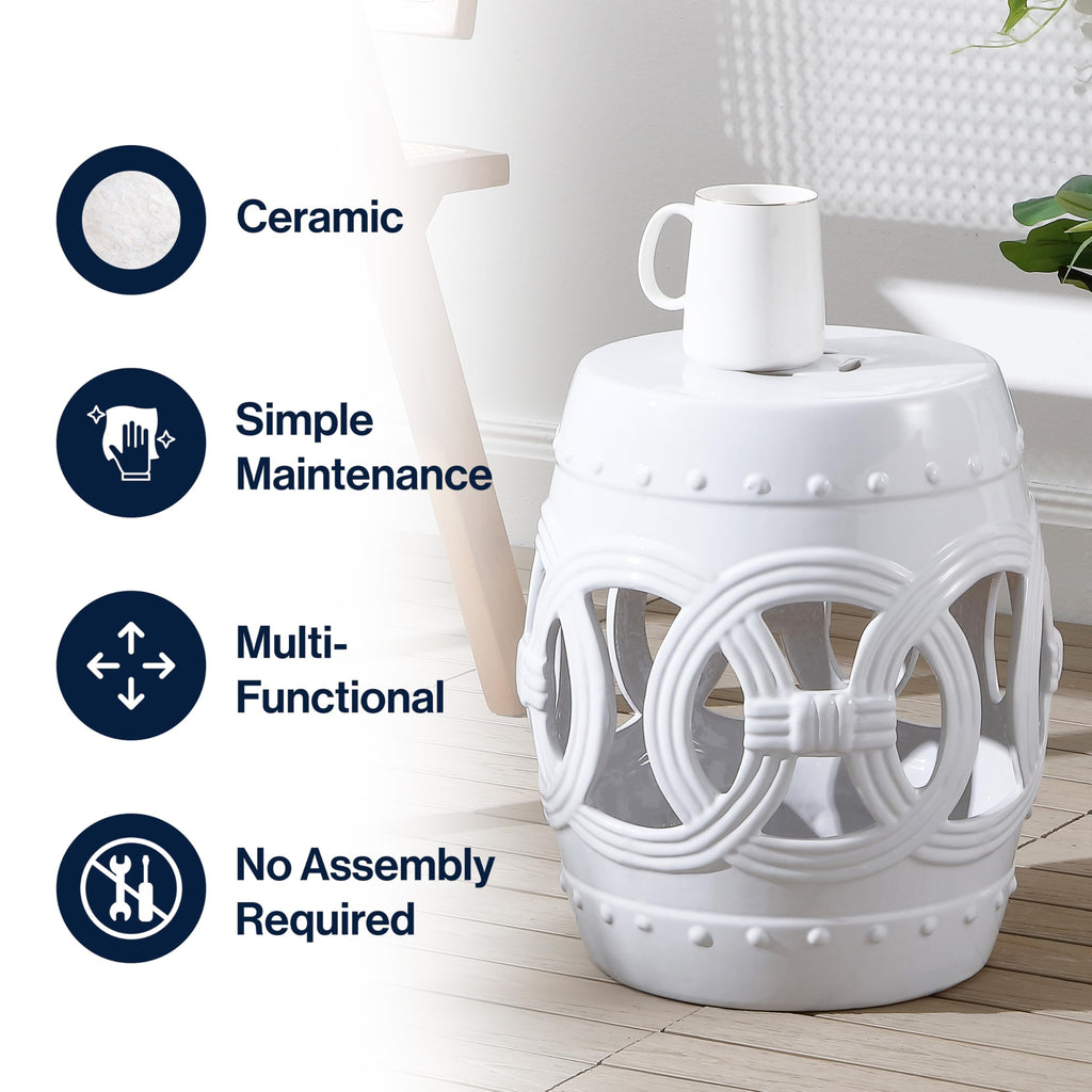 JONATHAN Y Lucky Coins 16" Ceramic Garden Stool, Contemporary Blue/White Cutout Interlocking Rings Drum Indoor/Outdoor Side Table and Plant Stand for Patio, Garden, Living Room TBL1027A