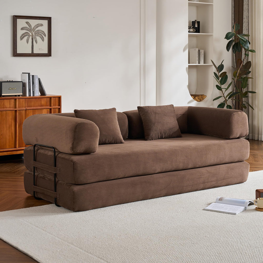 ZEIINPA 59“ Convertible Floor Sofa Bed, 5-in-1 Futon Sofa Bed Pull Out Sleeper Couch, Modern Corduroy Compressed Loveseat, Modular Boneless Couches for Living Room, No Assembly Required, Beige