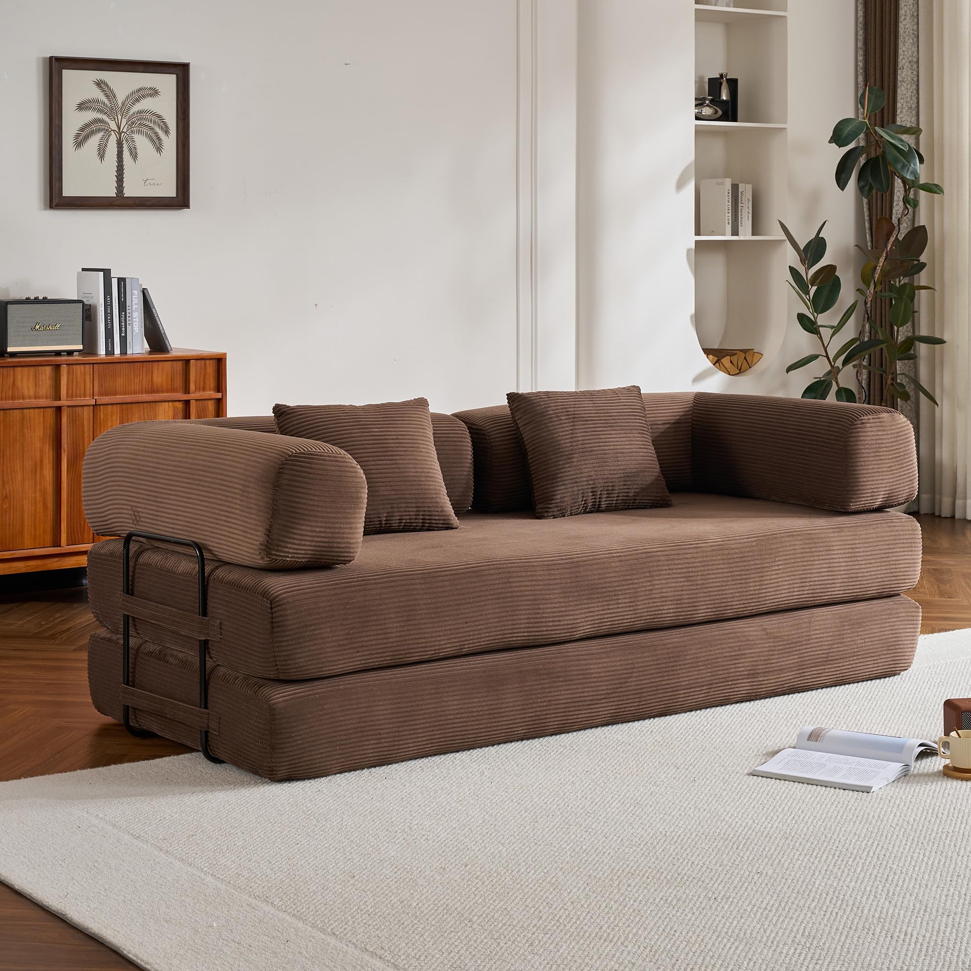 ZEIINPA 59“ Convertible Floor Sofa Bed, 5-in-1 Futon Sofa Bed Pull Out Sleeper Couch, Modern Corduroy Compressed Loveseat, Modular Boneless Couches for Living Room, No Assembly Required, Beige