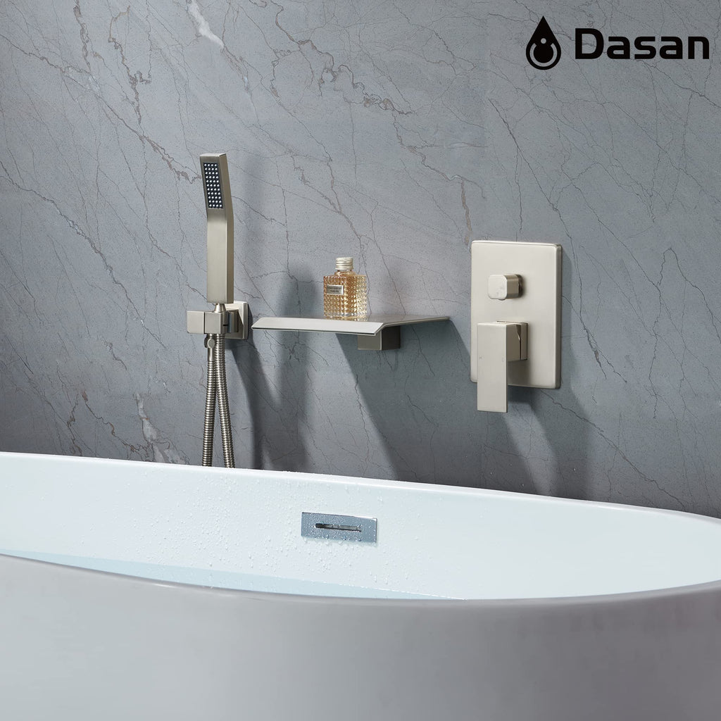 Upgraded Wall Mount Tub Filler Faucet with Handheld Shower, DASAN Modern Wall Mounted Bathtub Faucet Brushed Gold High Flow Waterfall Tub Faucet with Rough in Valve, SA-TF04WH-BG