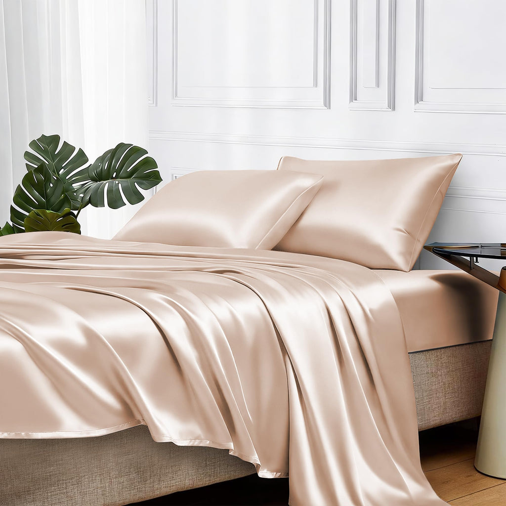 MR&HM Satin Sheets with Elastic Corner Straps, Twin Size 3-Piece Silky Bedding Set, Deep Pocket 15 Inches, Good for Hair & Skin (Twin, Black)