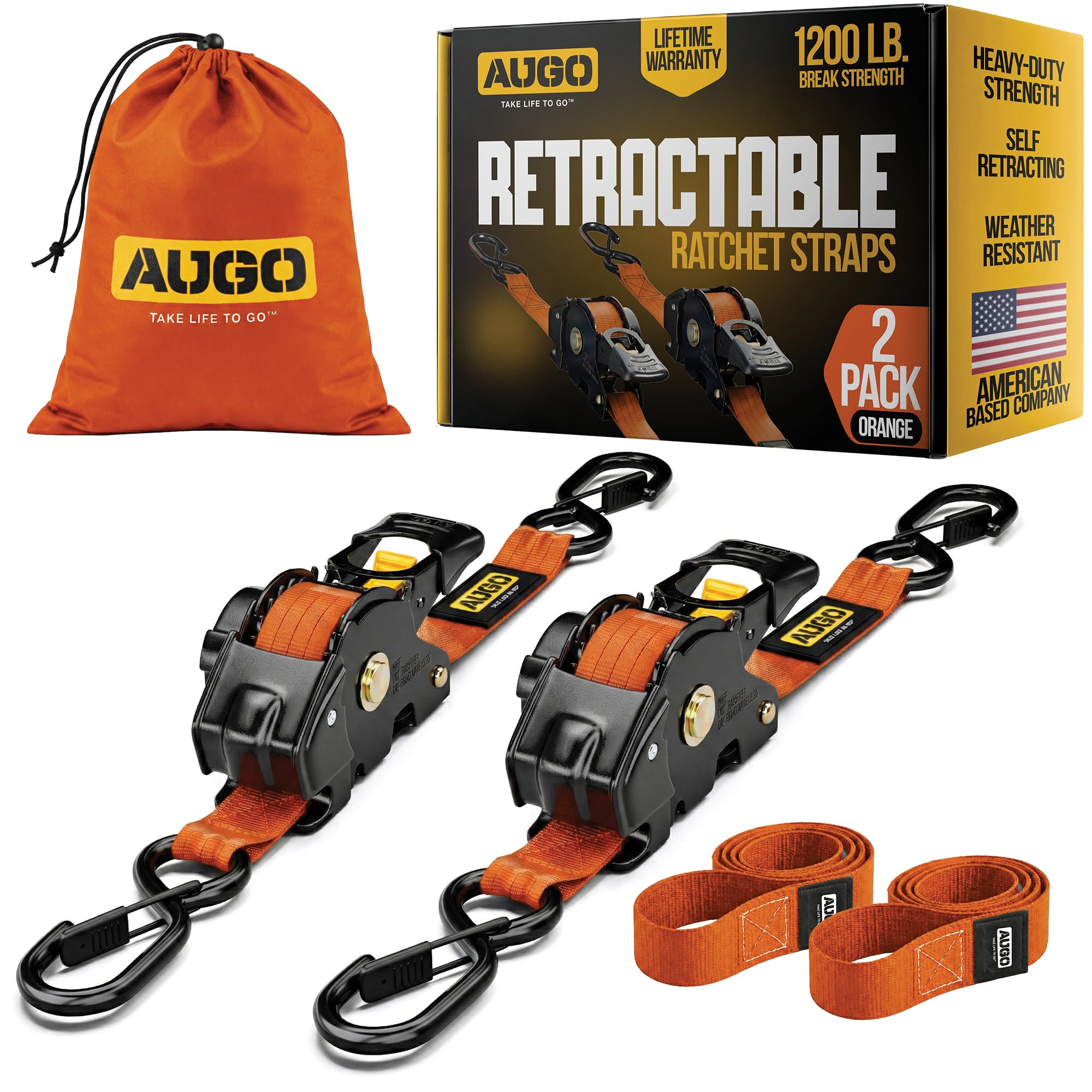 AUGO Retractable Ratchet Straps | 2 Heavy Duty Ratchet Straps Self Retractable Tie Downs with Soft Loops & Storage Bag for Motorcycle, Truck, Trailer, Cargo Van | 1200 Lb Break Strength 1” x 10’