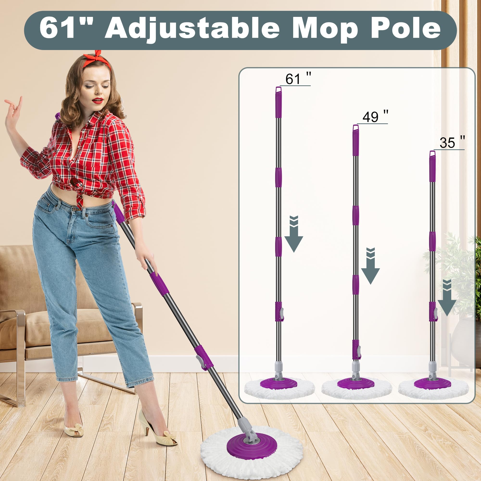 Dual Compartment Spin Mop and Bucket, Mop and Bucket with Wringer Set,360°Rotating Spinning Mopping for Floor Cleaning with 6 Microfiber Replacement Heads, 61" Extended Handle, 2X Wheel - Deep Green