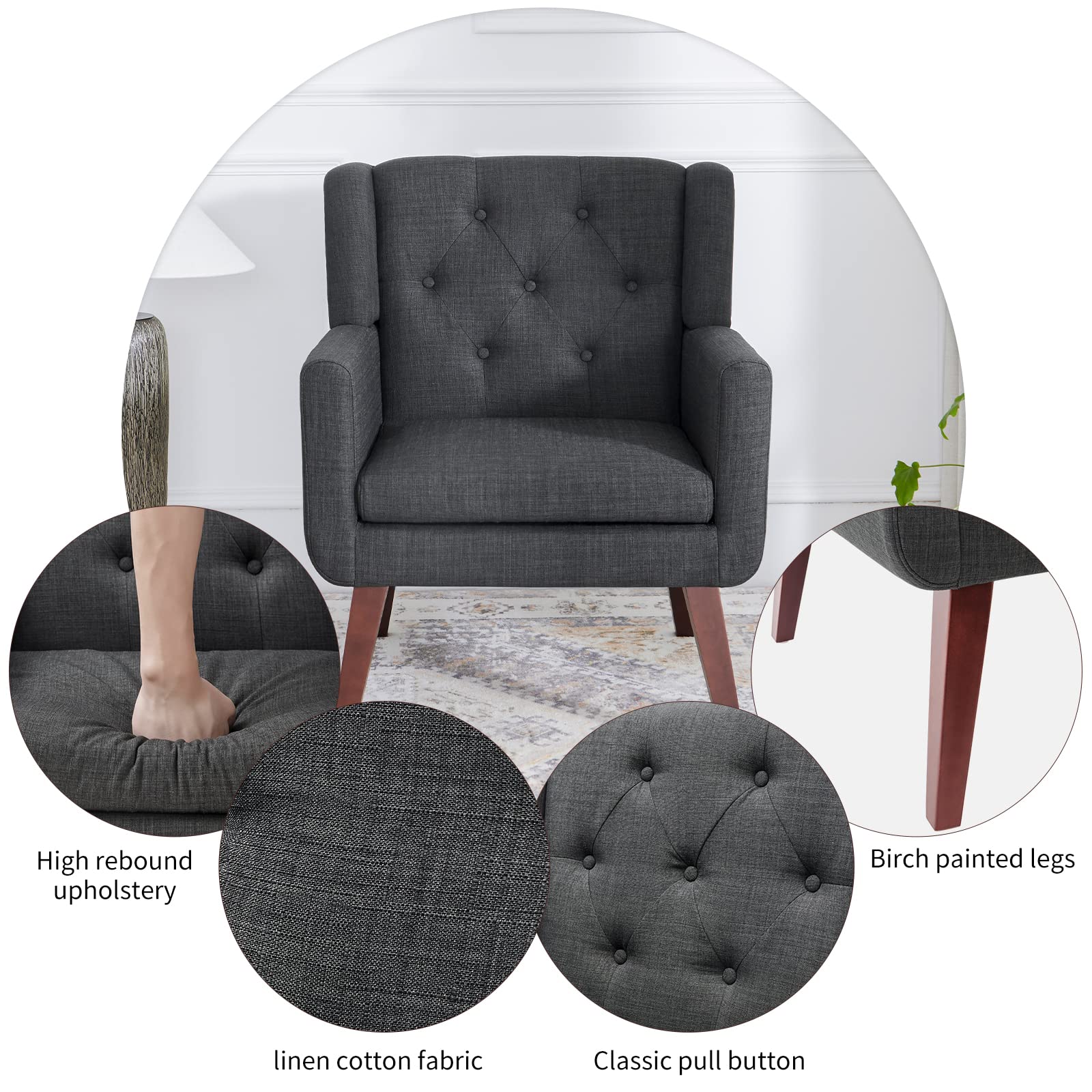 Living&Giving Accent Chair Button-Tufted Upholstered Living Room Chairs Comfy Reading Mid Century Modern with Linen Fabric Lounge Arm for Bedroom (Beige) 29.33D x 28.94W x 34.65H Inch