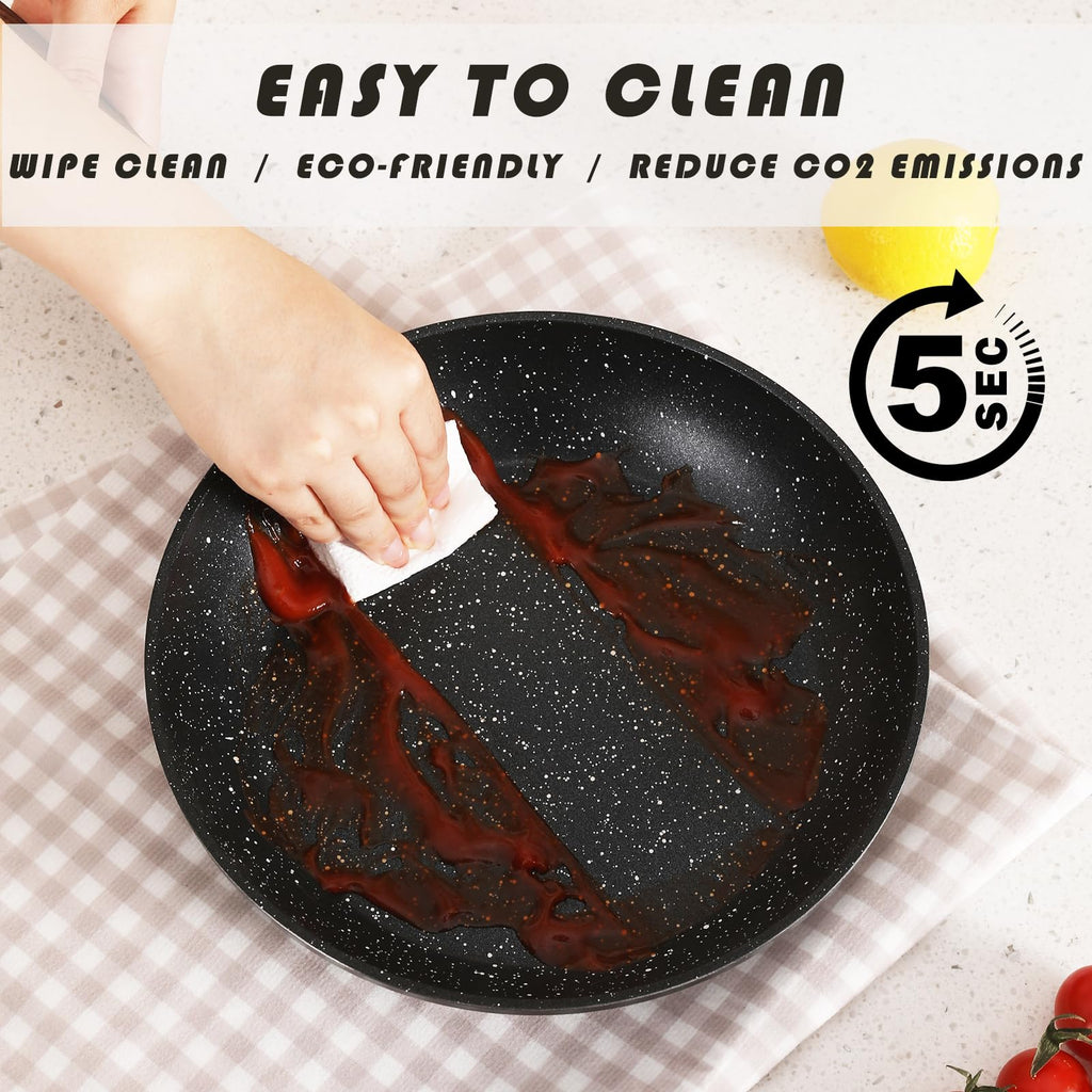 Vkoocy Pots and Pans Set Non Stick, Ceramic Cookware Set with Granite Pattern Kitchen Cooking Sets Induction Pot and Pan w/Frying Pans, Saucepans, Casserole, Non-Toxic, PTFE/PFOA/PFOS-Free, Black