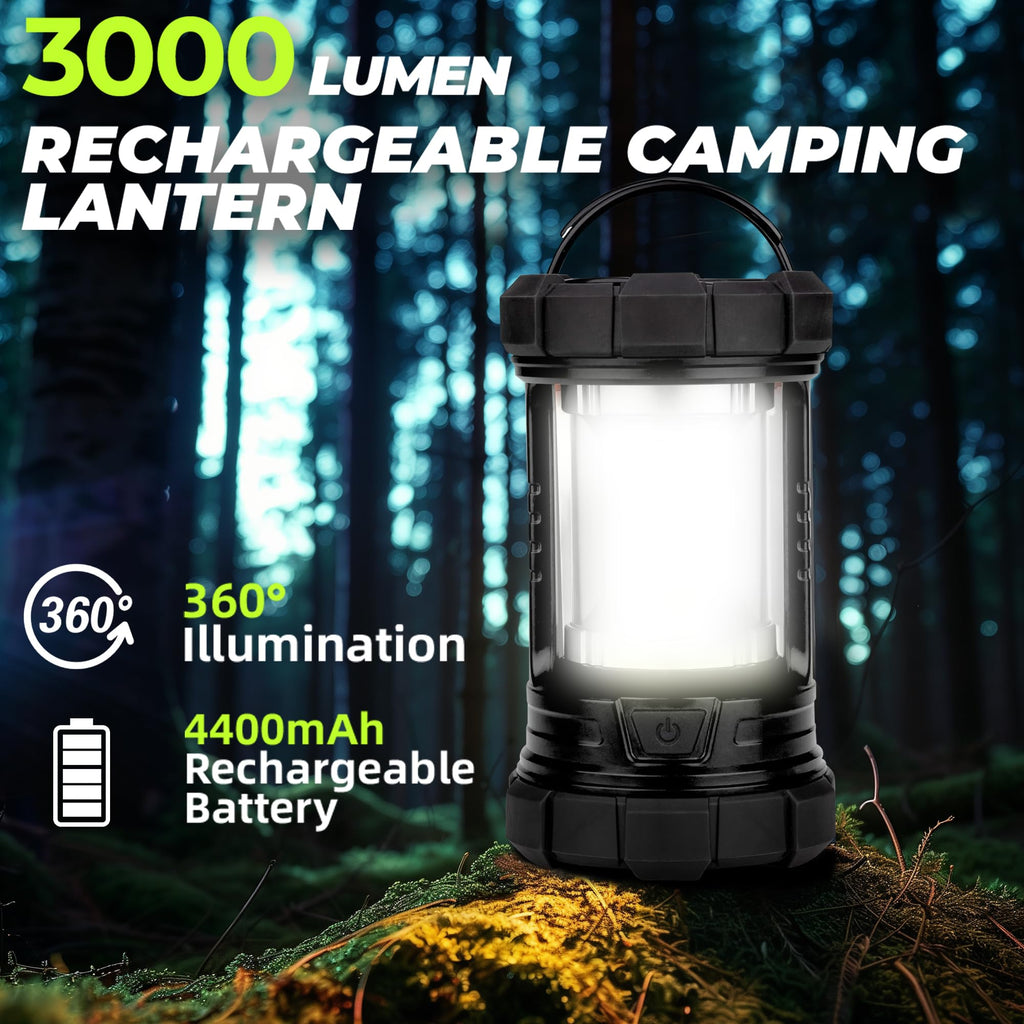 Favourlite Rechargeable Camping Lantern, 3000LM 360° LED Light for Power Outages, 4400mAh with USB-C Emergency Phone Charging, 5 Modes, Water-Resistant Tent Light with Hanging Hooks