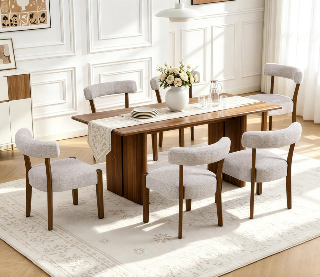 RNKSFX Upholstered Dining Chairs Set of 2, Walnut Wooden Kitchen & Dining Room Chairs, Mid Century Modern Fabric Farmhouse Dining Chairs Oversized Sturdy Rounded Chairs Curved Back, Beige Fabric