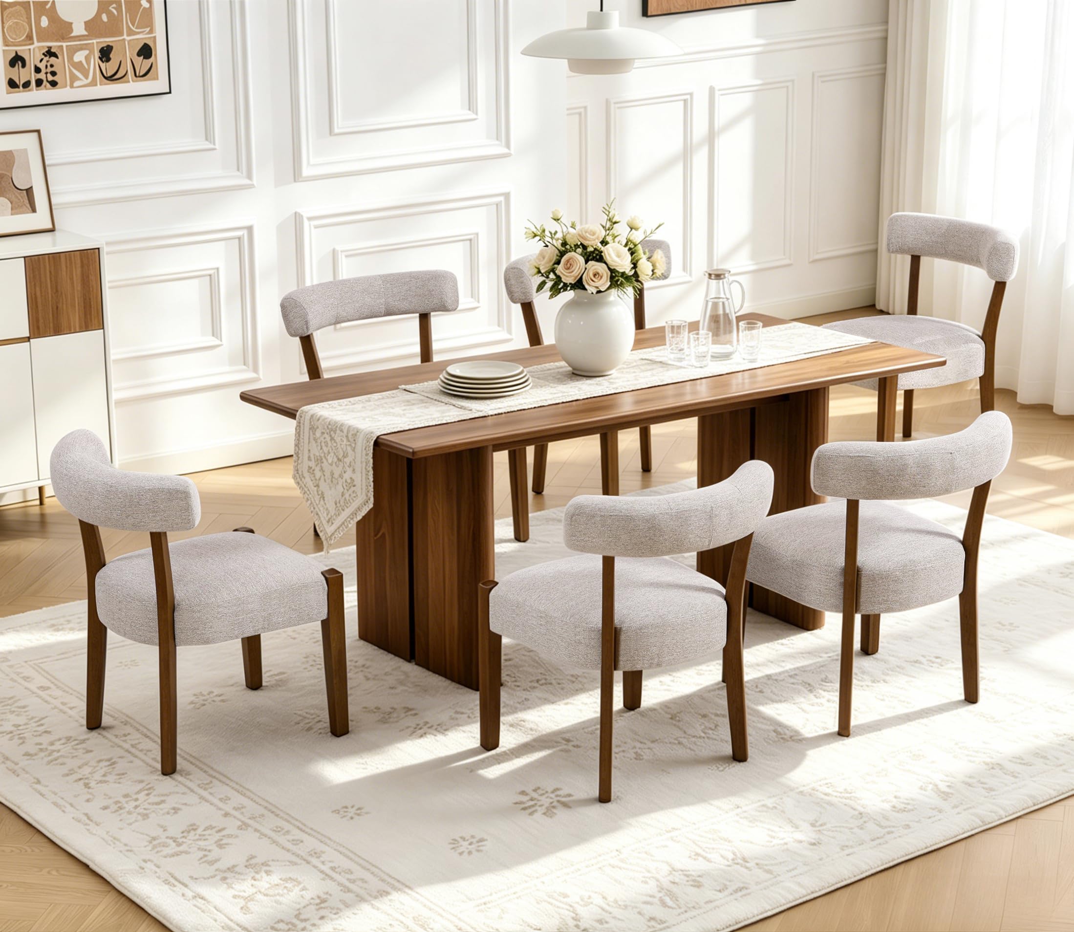 RNKSFX Upholstered Dining Chairs Set of 2, Walnut Wooden Kitchen & Dining Room Chairs, Mid Century Modern Fabric Farmhouse Dining Chairs Oversized Sturdy Rounded Chairs Curved Back, Beige Fabric