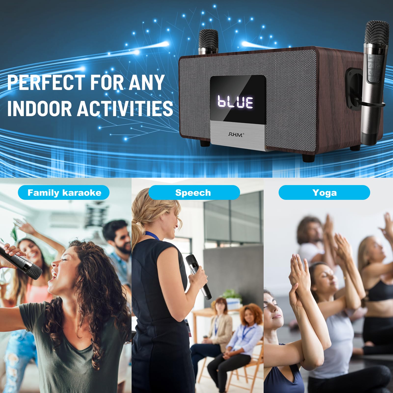 RHM K222 Karaoke Machine for Smart TV with Optical Input–Ultra-Low Latency, 3-Mic Support, 90FT Range, 70W Rich Stereo Sound, Voice Beautifier, Bluetooth/RCA, Perfect for Family Parties