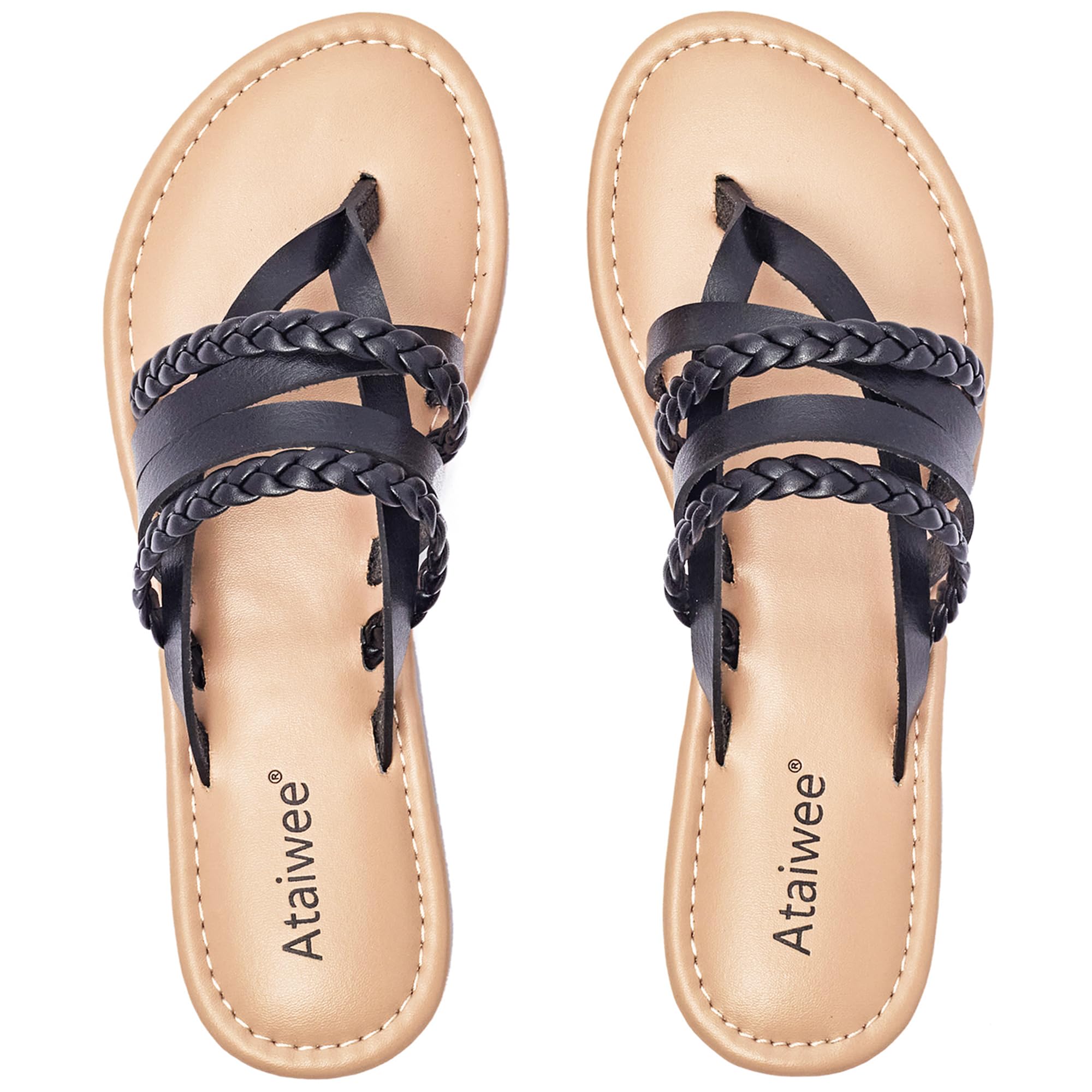 Ataiwee Women's Casual Flat Slide Sandals - Dressy Comfortable Criss Cross Strappy Summer Sandals,Open Toe Multi Strap Beach Flat Thong Sandals.