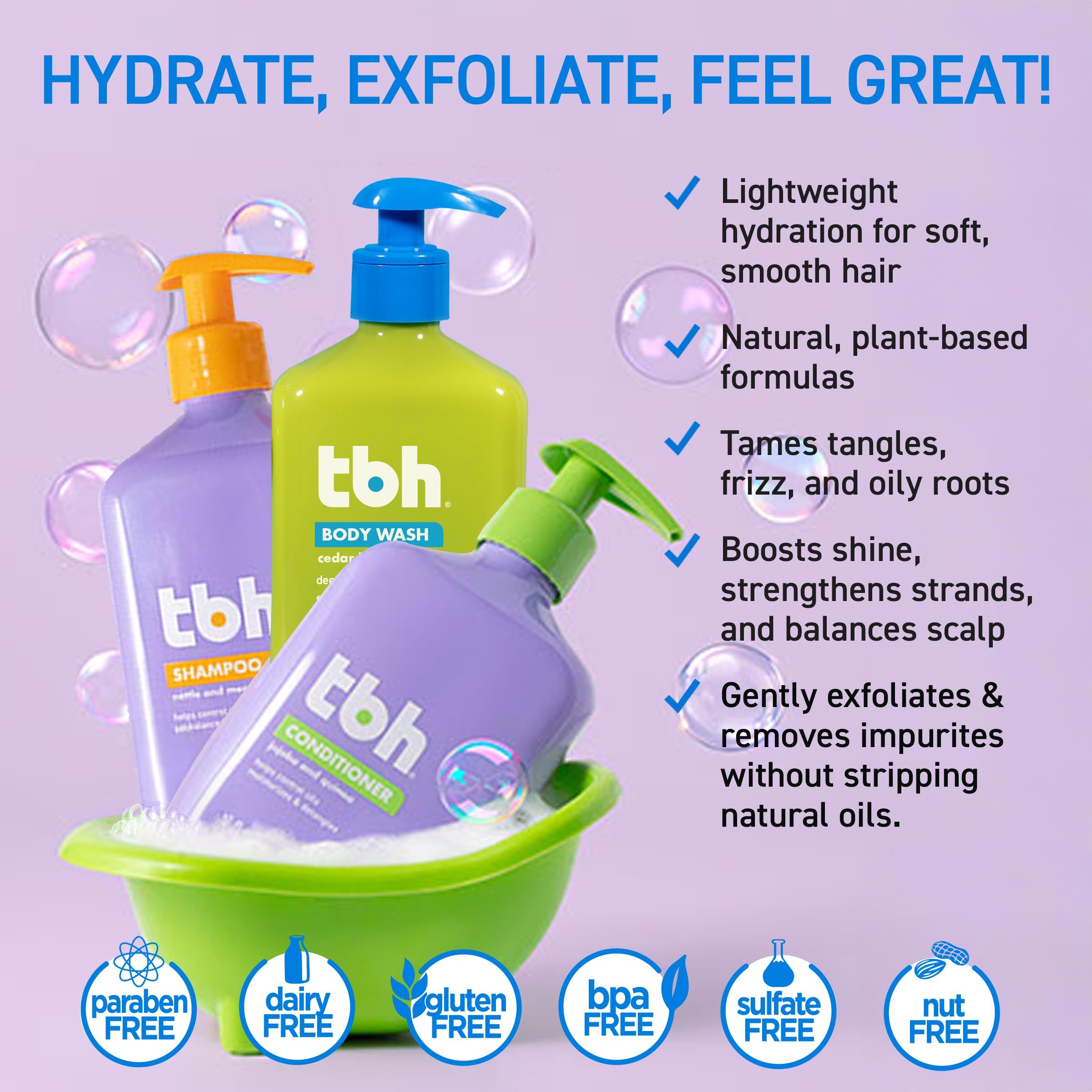 TBH Kids & Teen Shampoo and Conditioner Set – Sulfate & Paraben Free, Lightweight & Hydrating Hair Care for All Hair Types – 2-Pack, 12 oz Each