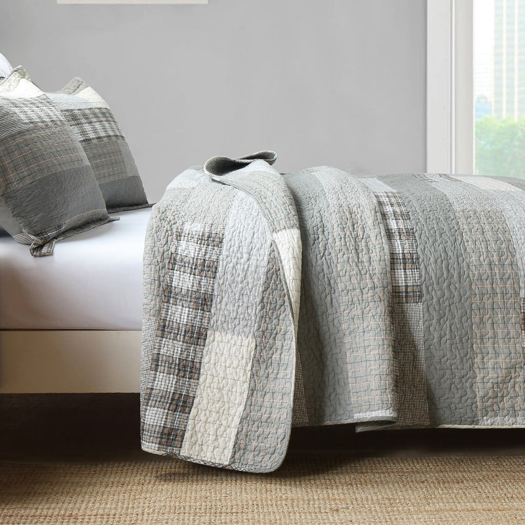 Y-PLWOMEN 100% Cotton Farmhouse Plaid Lightweight 3-Pieces Quilt Set (Blue Brown, Queen90 * 98 Inch)