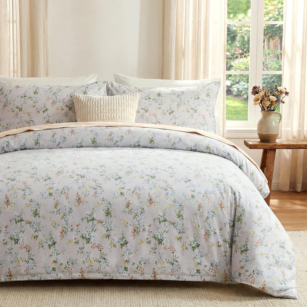 100% Natural Cotton Comforter Set Queen 3 Pcs Grayish Blue Bedding Sets with Luxurious Damask Pattern, Reversible Breathable Soft Comforter Sets for All Season