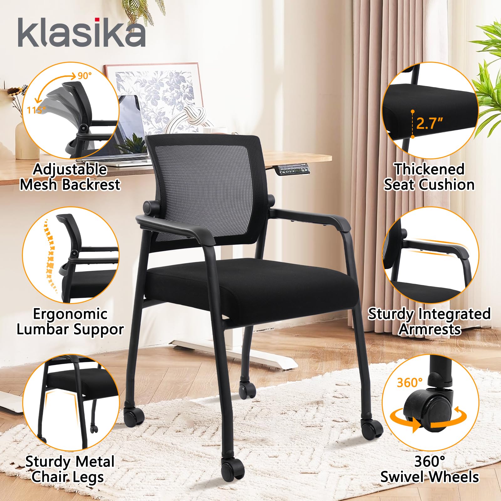 KLASIKA Desk Chair No Wheels with Adjustable Mesh Backrest, Arm Chair with Ergonomic Lumbar Support and Thickened Seats Cushion, Waiting Room Chairs for Office School Church Guest Reception