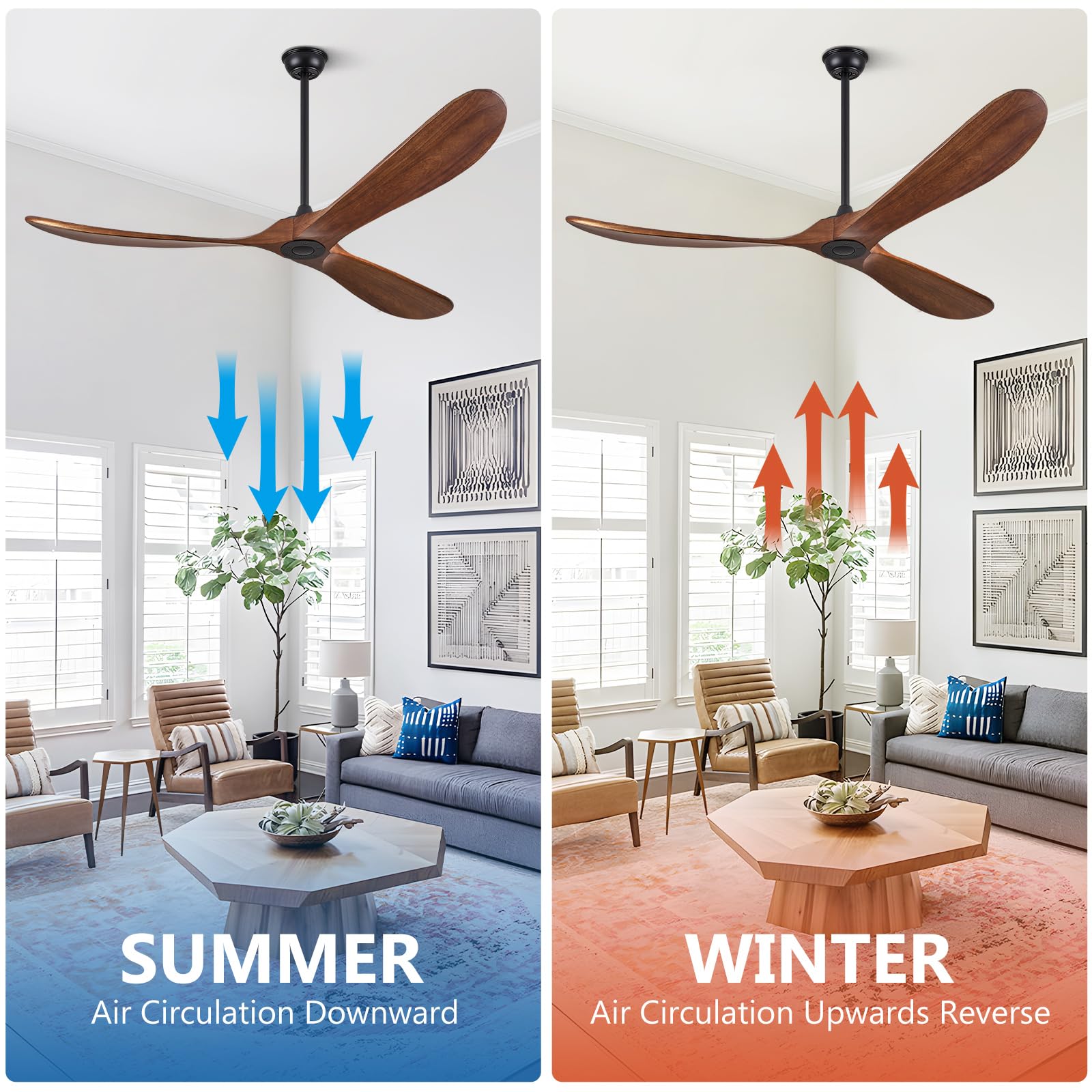 ABZ Ceiling Fans without Lights - 52 Inch Modern Ceiling Fans no Lights with Remote Control, Black 3 Blade Solid Wood Indoor Outdoor Ceiling Fans for Patios Living Room Bedroom