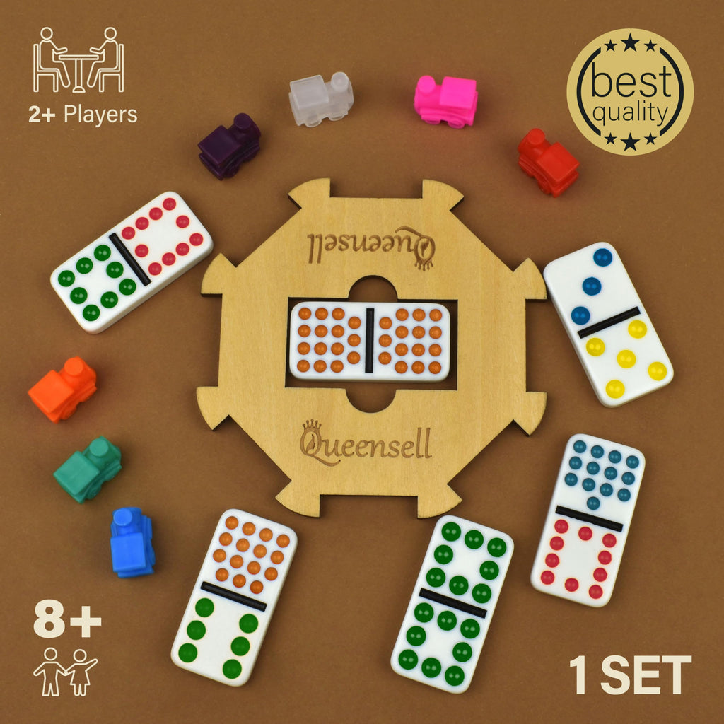 Queensell Mexican Train Dominoes Set Double 15 for Adults and Family, Mexican Train Double 15 Dominoes Set Colored Dot - 136 Tiles, 9 Trains, Wooden Hub, Aluminum Case (Double 15)