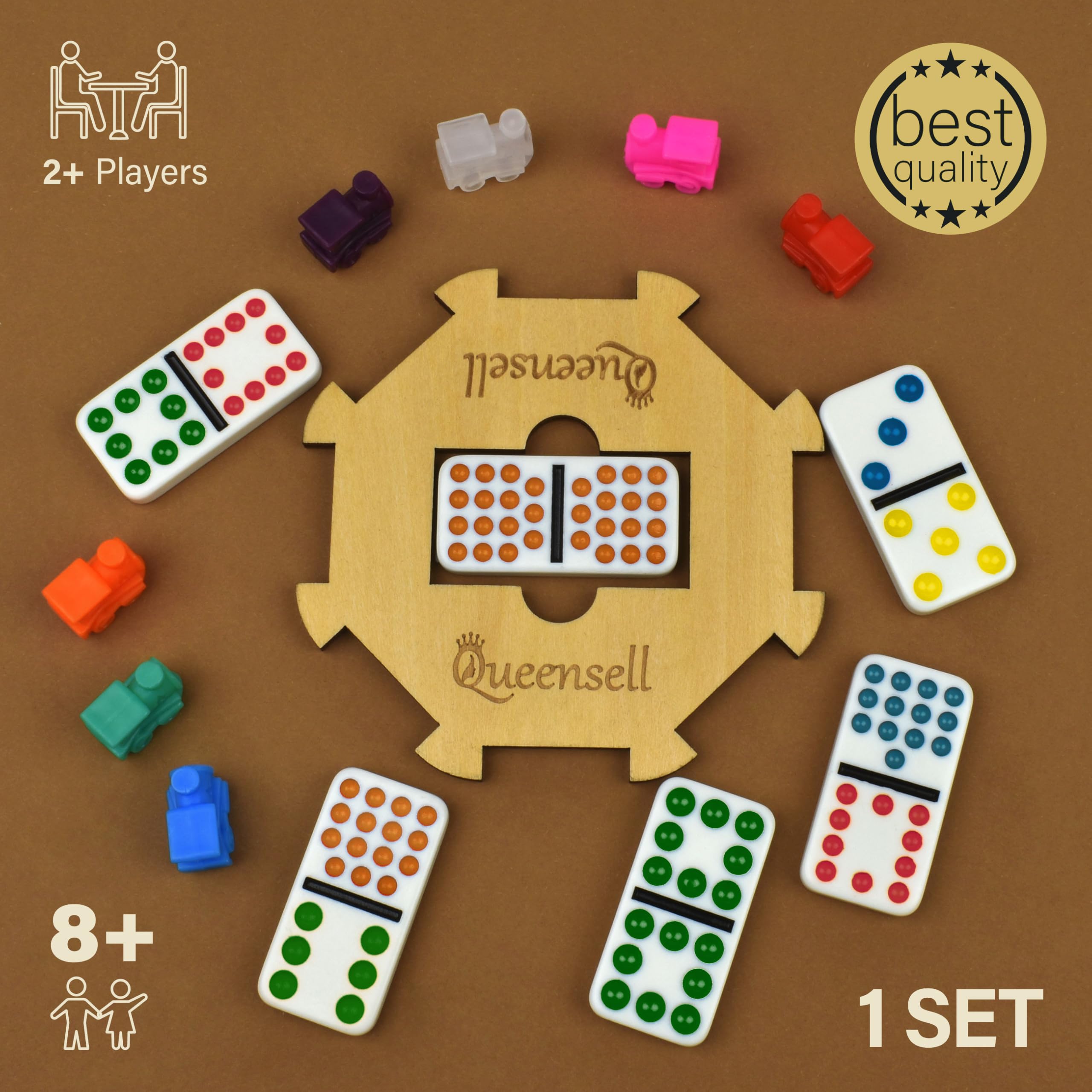 Queensell Mexican Train Dominoes Set Double 15 for Adults and Family, Mexican Train Double 15 Dominoes Set Colored Dot - 136 Tiles, 9 Trains, Wooden Hub, Aluminum Case (Double 15)
