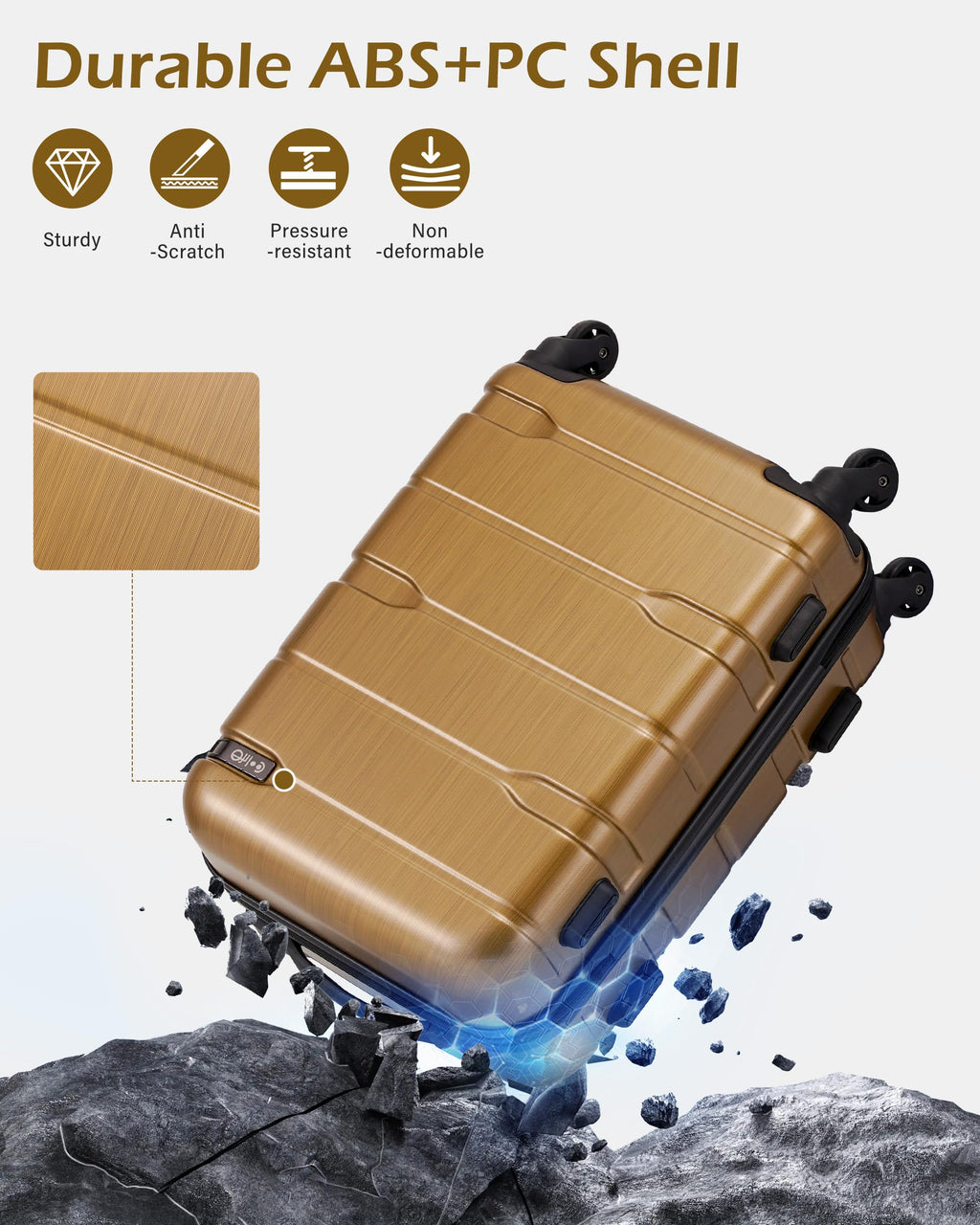 Coolife Carry On Luggage 22x14x9 Airline Approved Hardside PC+ABS Suitcase with TSA Lock, Lightweight Rolling Travel Luggage with Spinner Wheels(Black Brown, 20in)