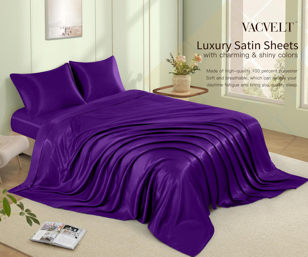 VACVELT 3pcs Beige Satin Sheets Twin Size Bed Set, 15 Inch Deep Pocket Silky Satin Sheet Set, Soft Satin Bedding Set Cooling & Luxury Bed Sheets, 1 Fitted Sheet + 1 Flat Sheet + 1 Pillowcase