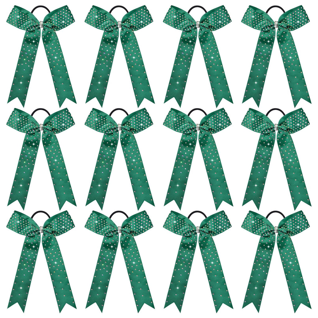 DEEKA 12 Count Collegiate Style Cheer Bows, Forest Green with Rhinestones, Handmade Bows for Girls Teens Cheerleader Sports