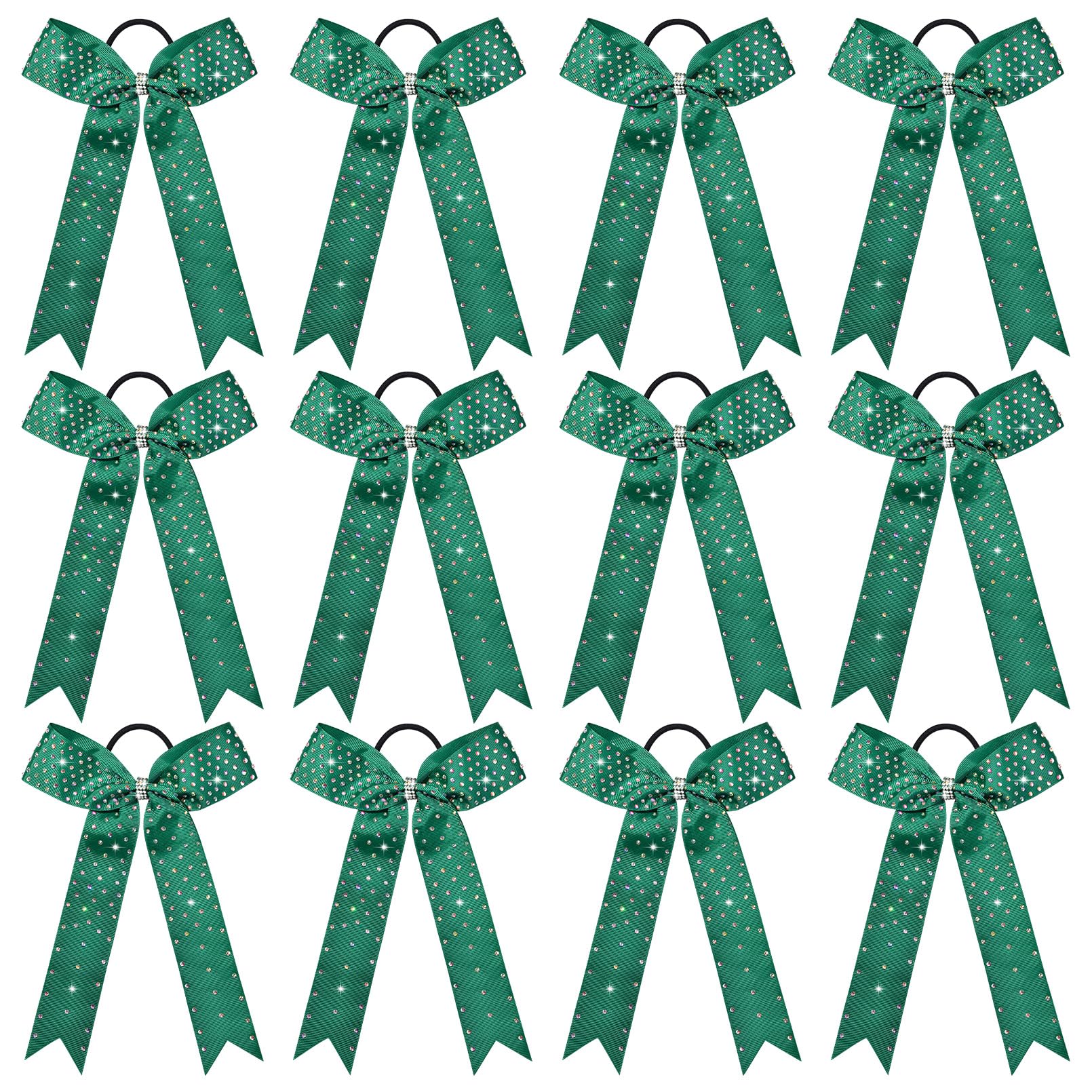 DEEKA 12 Count Collegiate Style Cheer Bows, Forest Green with Rhinestones, Handmade Bows for Girls Teens Cheerleader Sports