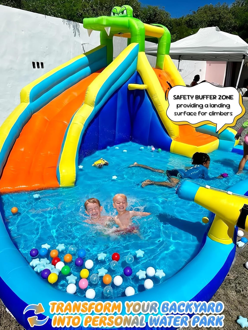 ROOJER Crocodile Inflatable Water Slide for Kids Backyard 8-in-1 Blow Up Wet & Dry Bounce House Water Park with Blower, Splash Pool, Climbing Wall, Double Cannons for Indoor Outdoor Party Fun Ages 3-8