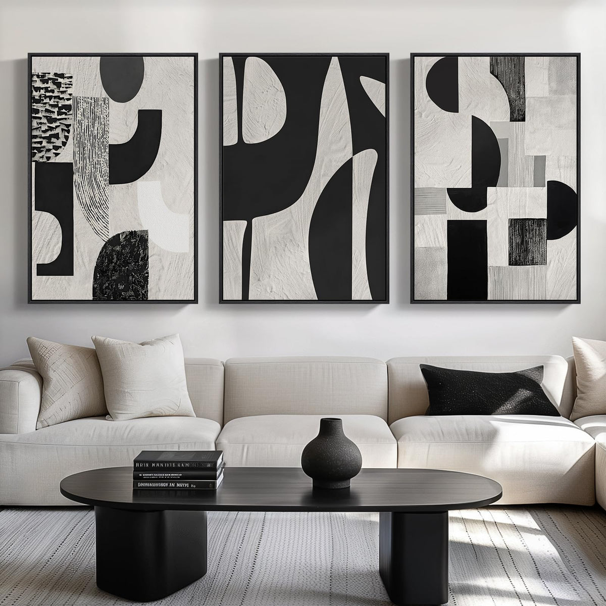 Framed Black and White Modern Abstract Wall Art, 3 Piece Canvas Prints Paintings Artwork for Walls, Minimalist Black White Grey Pictures for Living Room Dining Room Bedroom Office Wall Decor 16x24 In