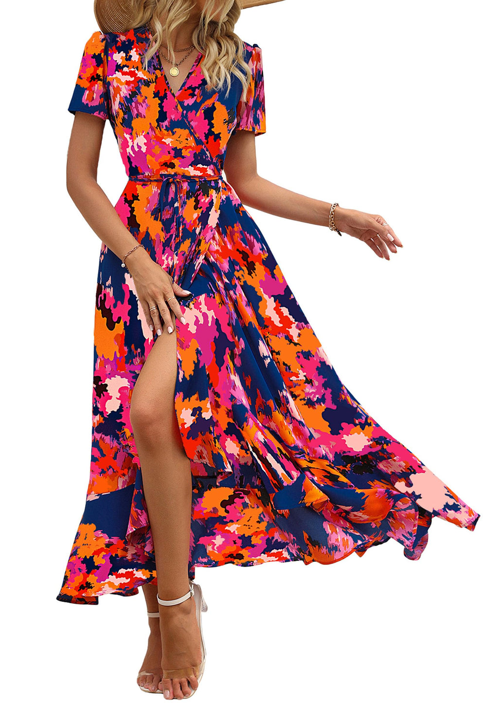 PRETTYGARDEN Women's Boho Floral Maxi Dress Summer Short Sleeve Wrap V Neck Long Flowy Beach Vacation Wedding Guest Dresses