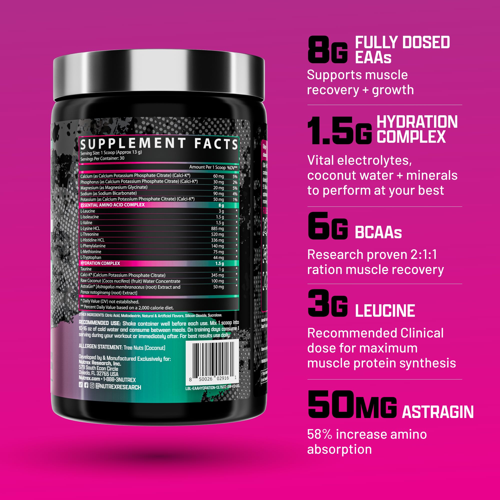 Nutrex Research EAA Hydration | EAAs + BCAAs Powder | Muscle Recovery, Strength, Muscle Building, Endurance | 8G Essential Amino Acids + Electrolytes | Apple Pear 30 Servings