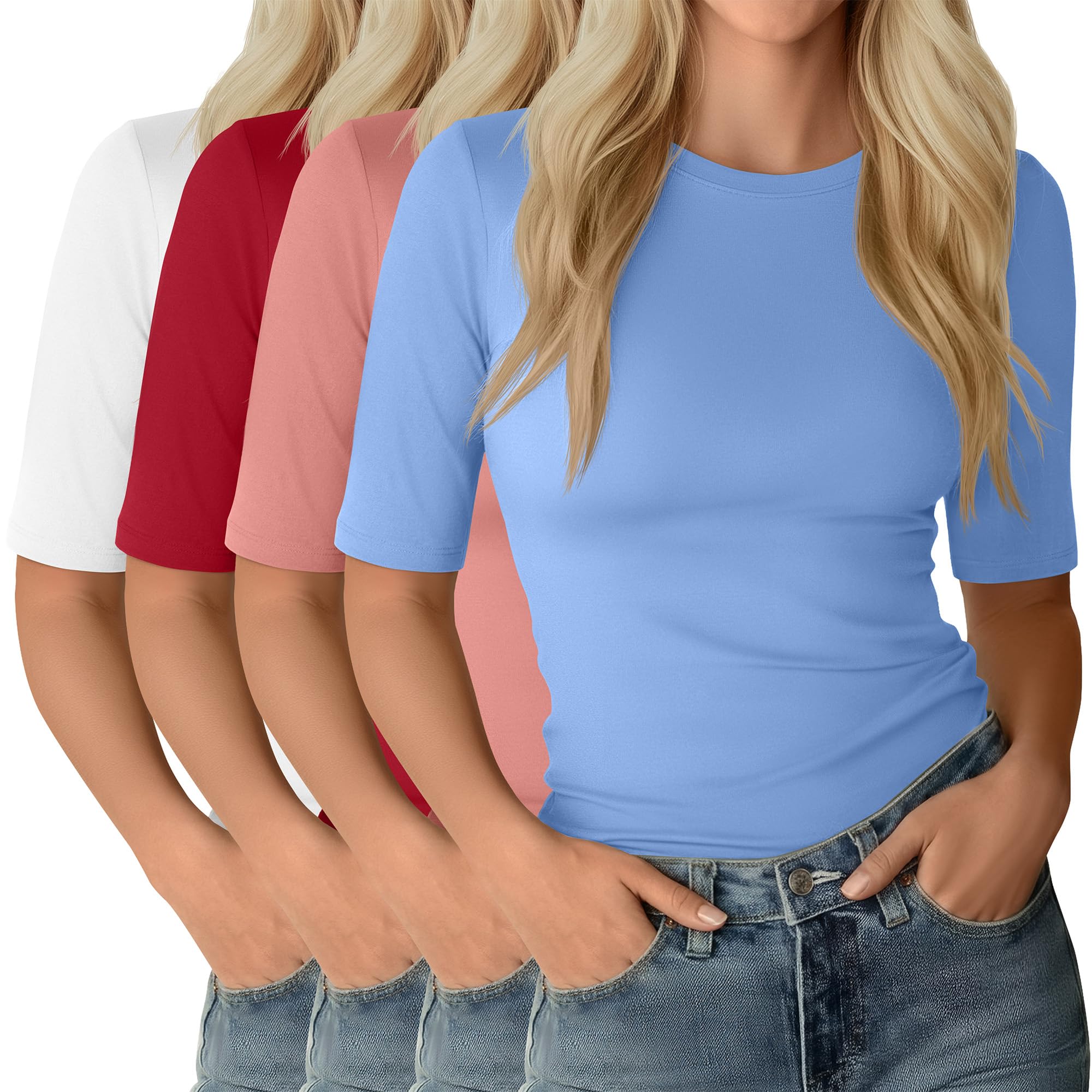 Neer 4 Pack Women's Half Sleeve Tops Elbow Length Slim Fit Crewneck T-Shirts 1/2 Sleeve Casual Summer Basic Tees