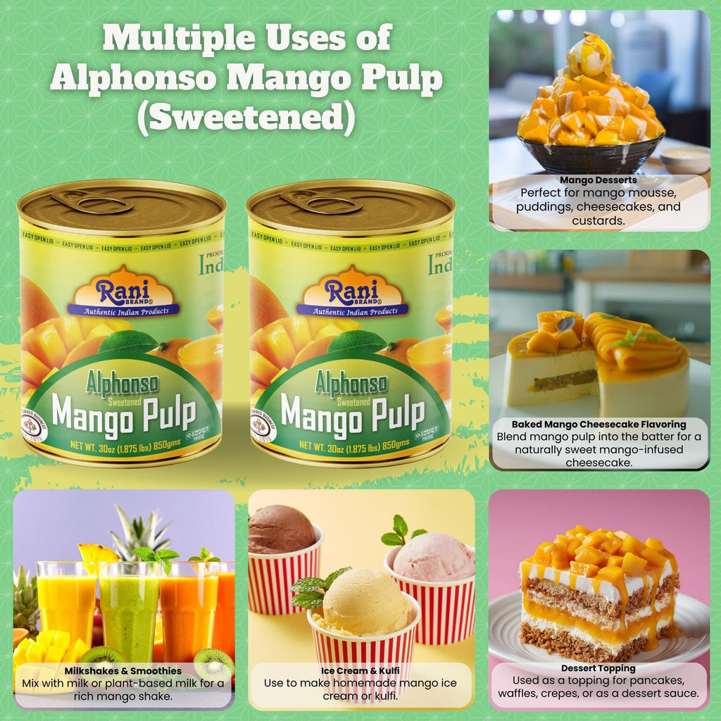 Rani Mango Pulp Puree (Makes Mango Lassi Shakes) Alphonso Sweetened 30oz (1.875lbs) 850g ~ Kosher | All Natural | NON-GMO | Vegan | No colors | Gluten Friendly | Indian Origin