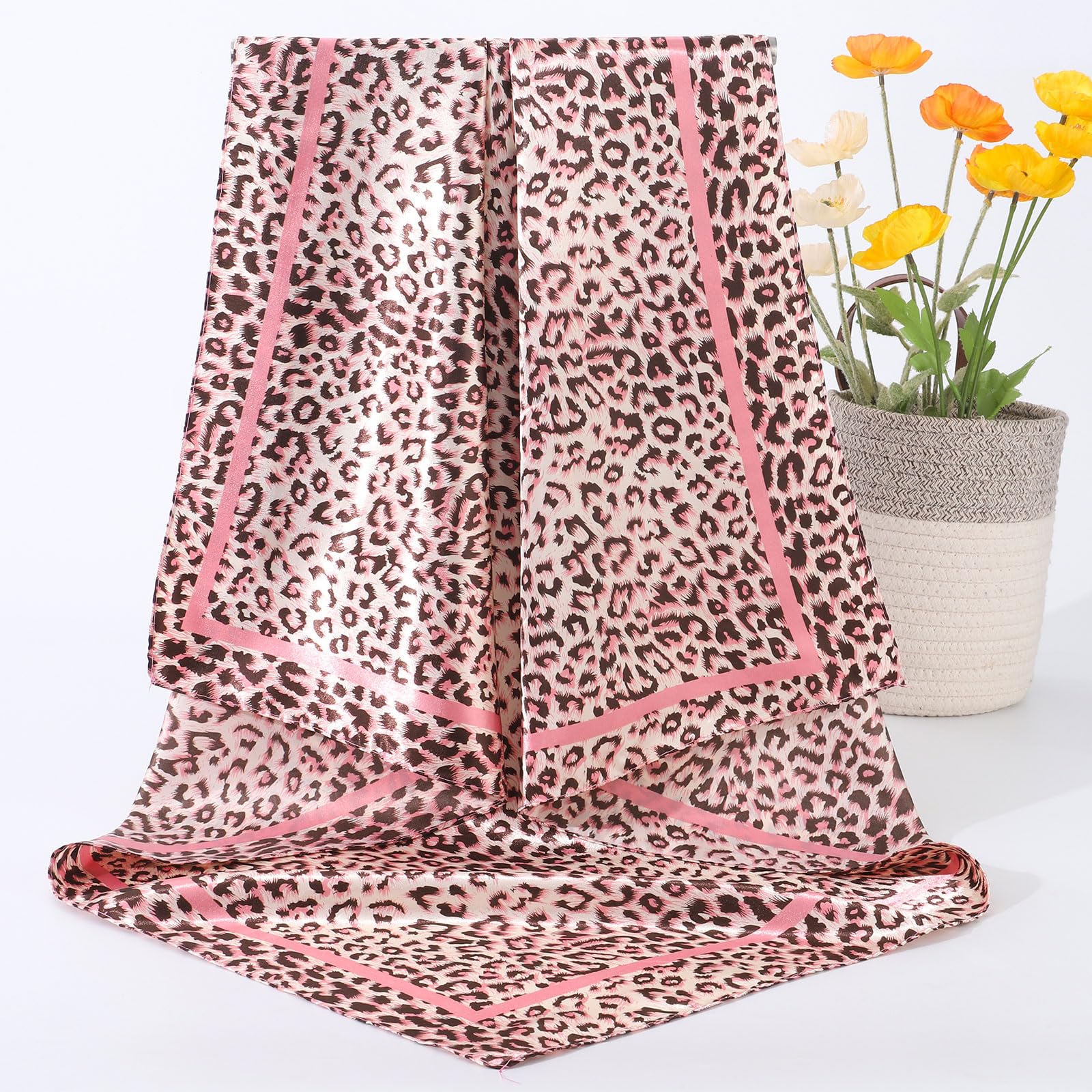 AWAYTR 35” Large Satin Square Head Scarf - 2Pcs Silk Like Floral Head Scarves Square Satin Hair Scarf Bandanas for Women